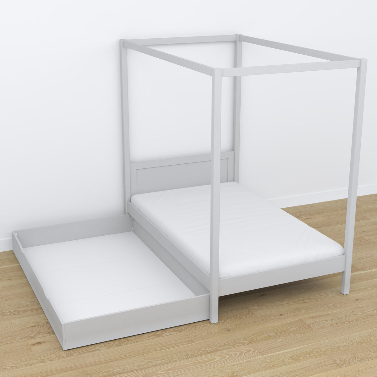 Wooden grey canopy bed – decorative frame, child’s room