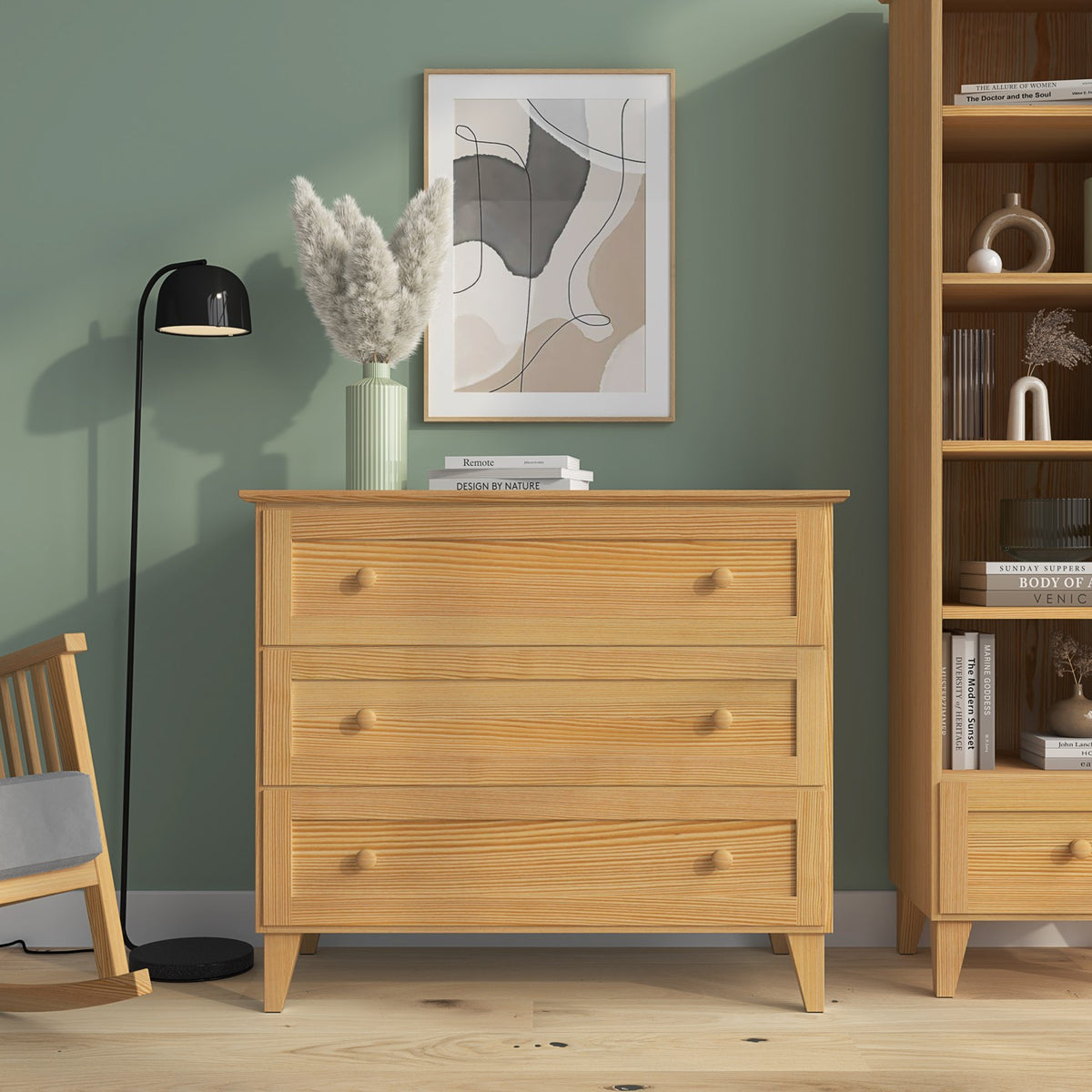 Commode 3S en pin pin naturel – szuflady otwarte, pojemne l'intérieur rangements