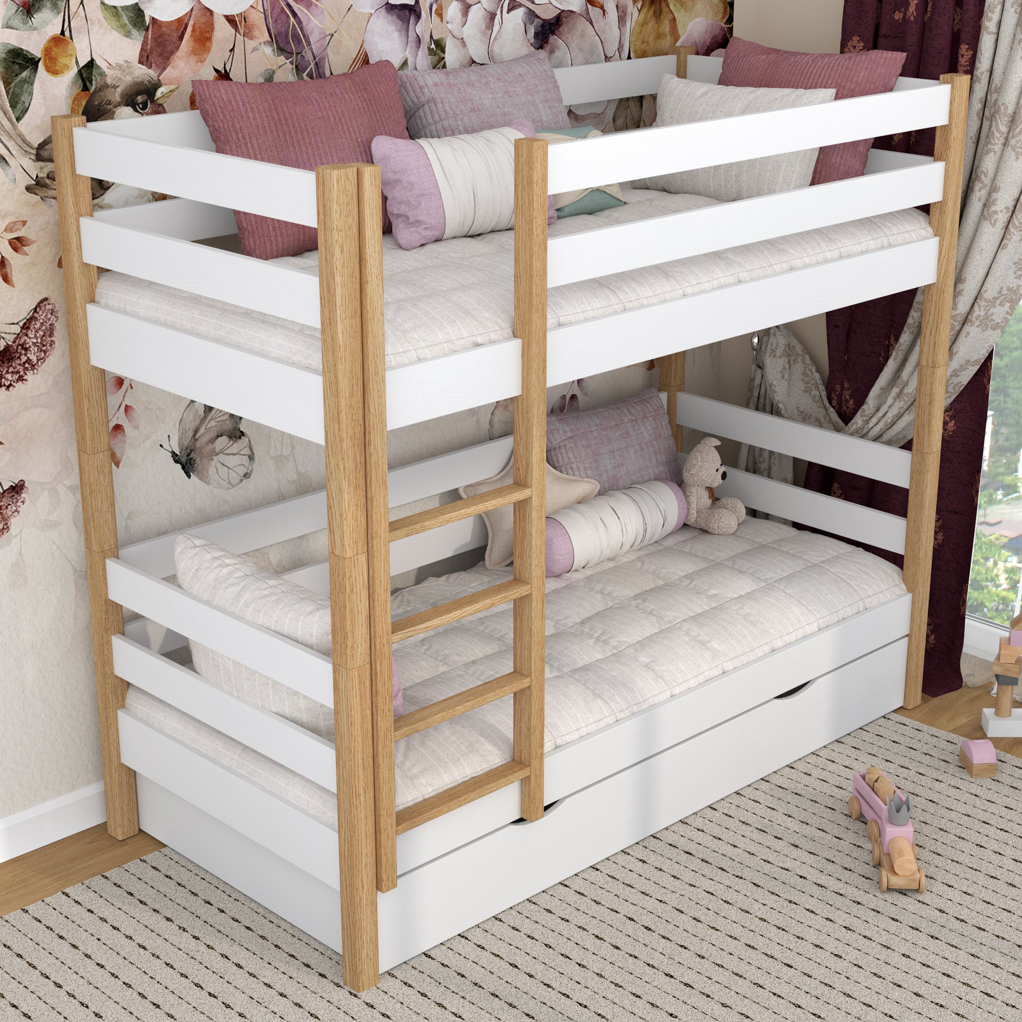 White and Oak Bunk Bed for Children – Two Sleeping Areas and Drawer, Wooden