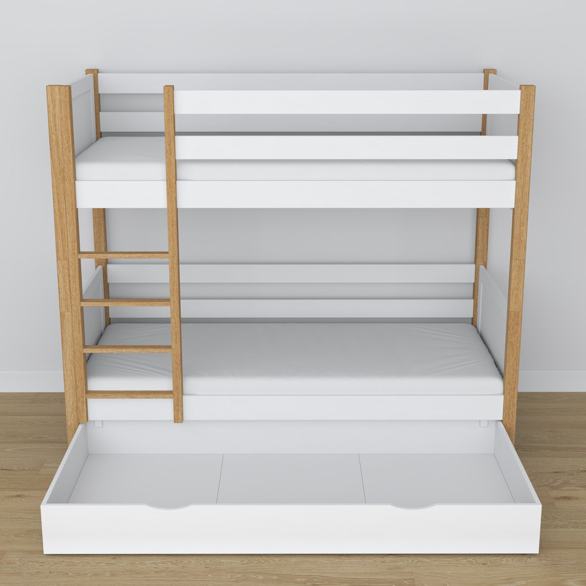 Etagenbett aus Holz Weiß-Eiche – Details der Verbindungen und Leiter, Kinderzimmer