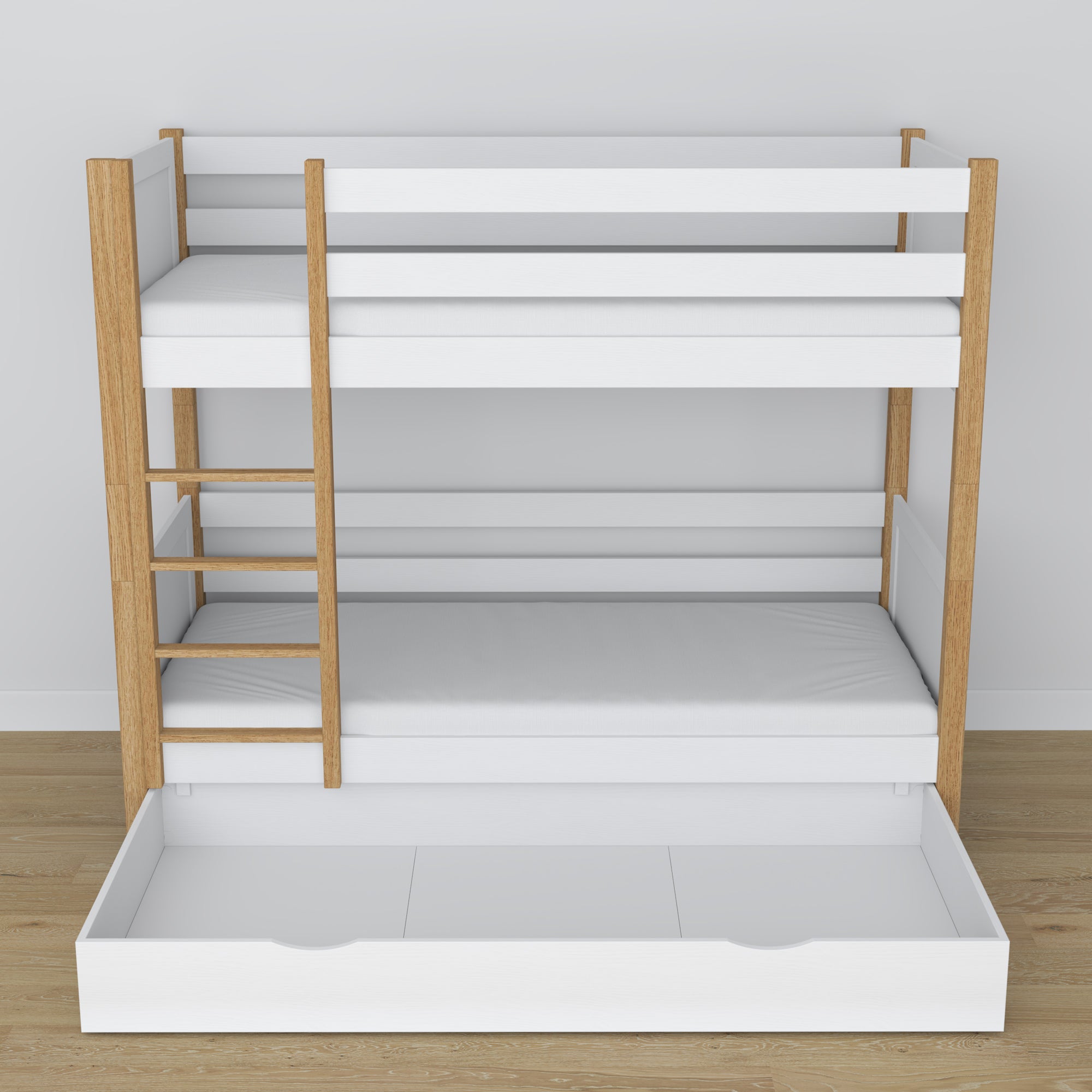 Etagenbett aus Holz Weiß-Eiche – Details der Verbindungen und Leiter, Kinderzimmer