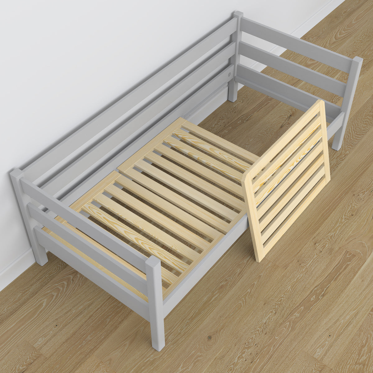 Bettsofa aus Holz Grau – Ansicht vom Kopfende, Kinderzimmer