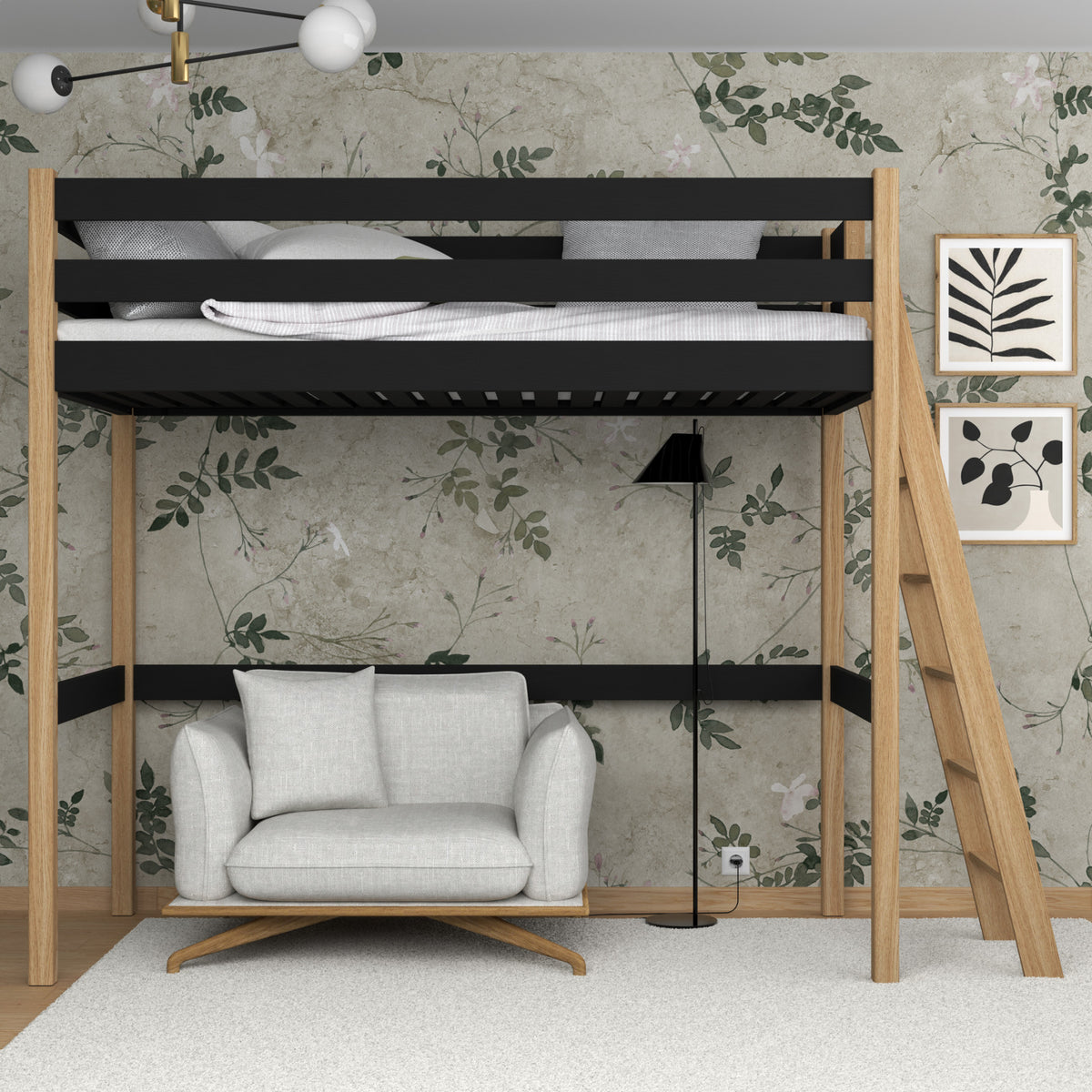 Hochbett schwarz-eiche – Leiter und Rausfallschutz aus Holz, Nizio Home