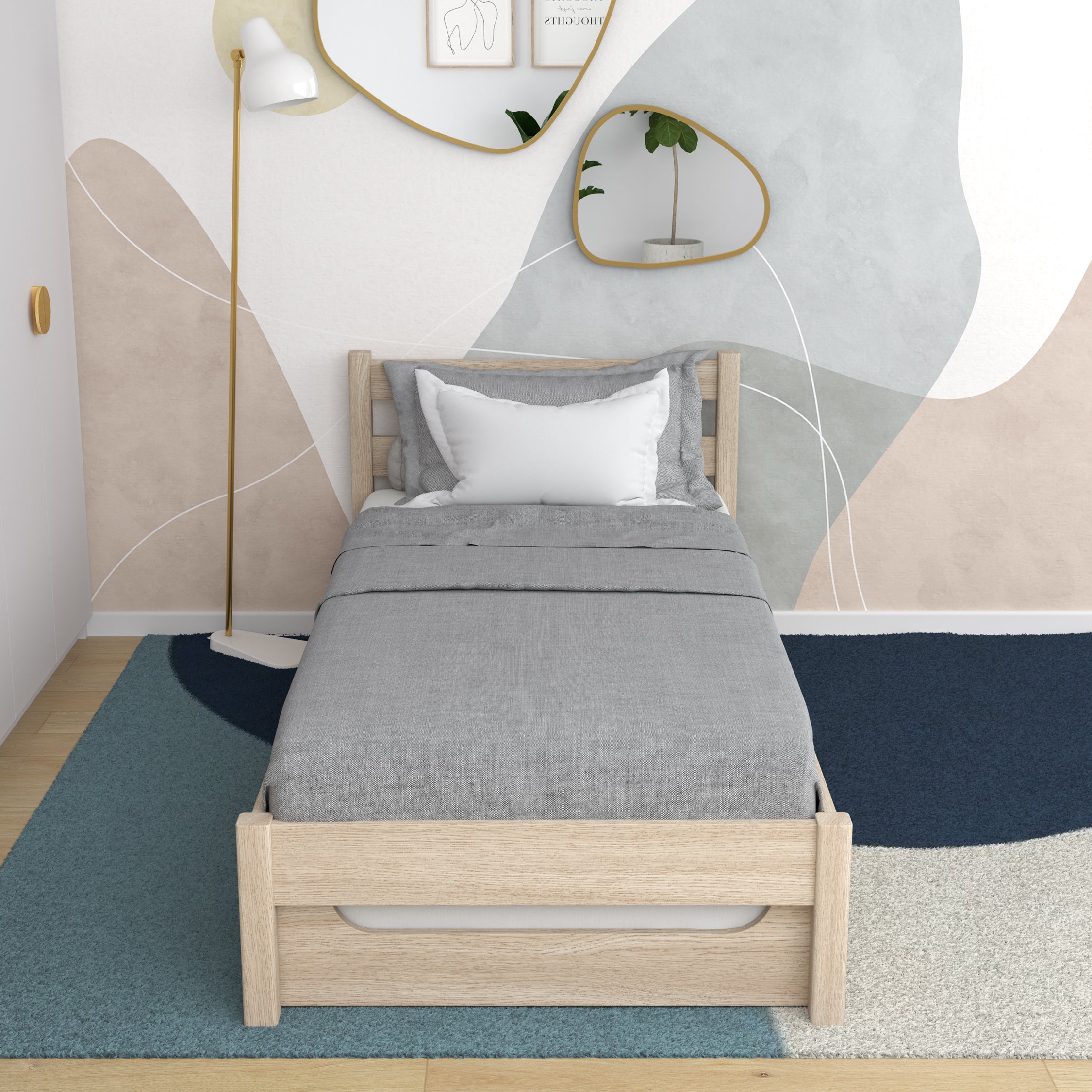 Bett eiche gebleicht mit Schublade für Matratze – Seitenansicht, aus Eiche, Nizio Home