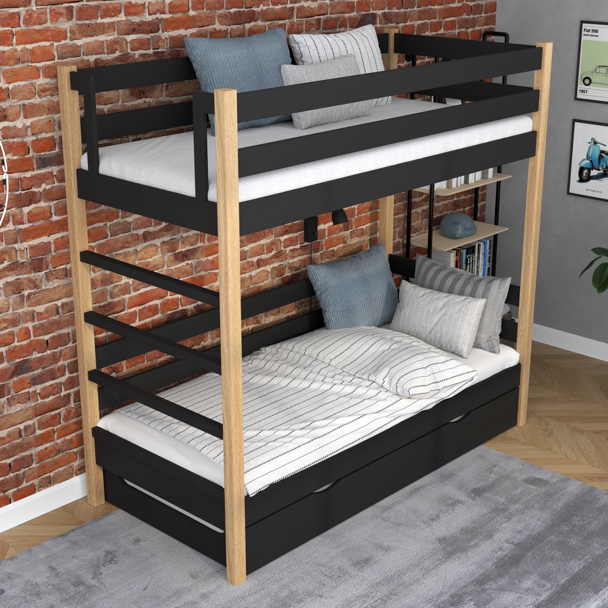 Black and Oak Bunk Bed for Children – Mattress Drawer, Wooden, Nizio