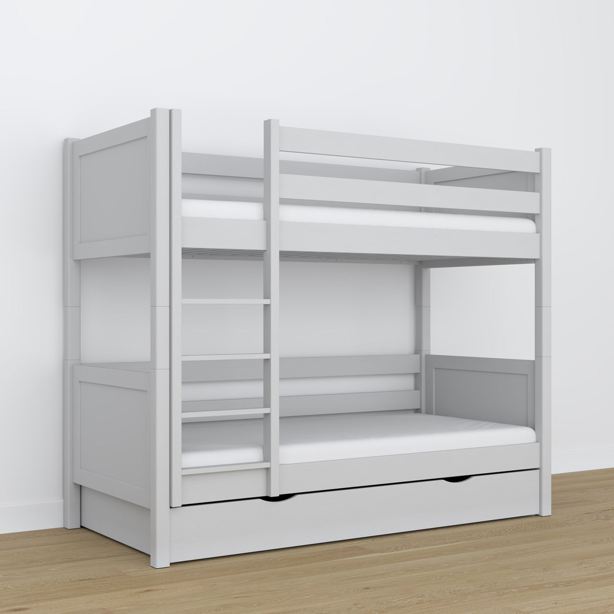 Grey Wooden Bunk Bed with Drawer – Scandinavian Design, Nizio