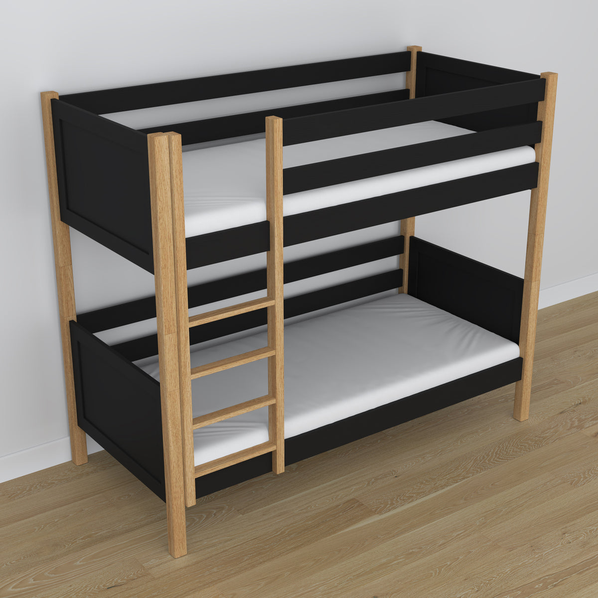 Black and Oak Bunk Bed in Children’s Room – Scandi Arrangement, Wooden