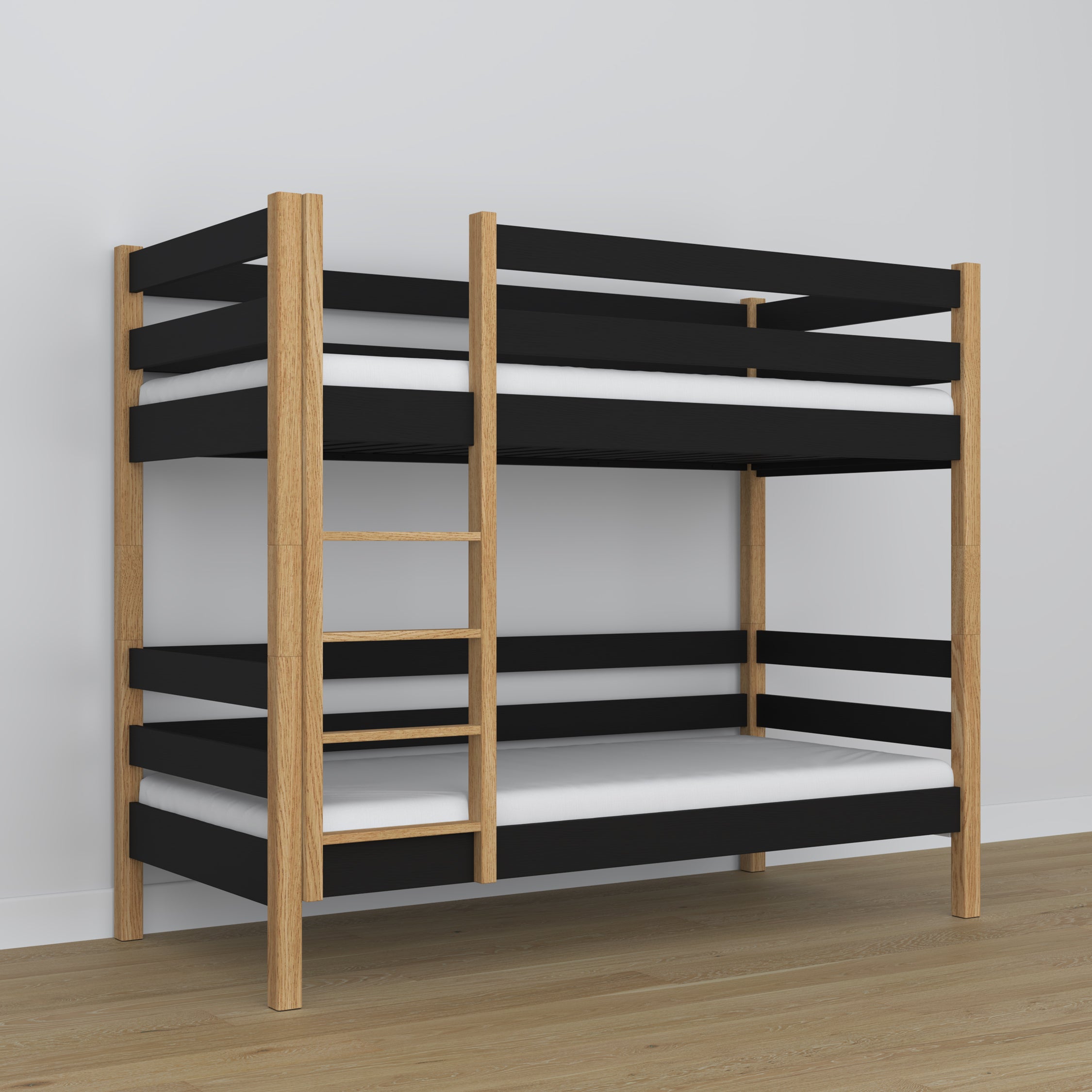 Holz-Etagenbett schwarz-eiche – Nahaufnahme der Verbindungen und Holzdetails