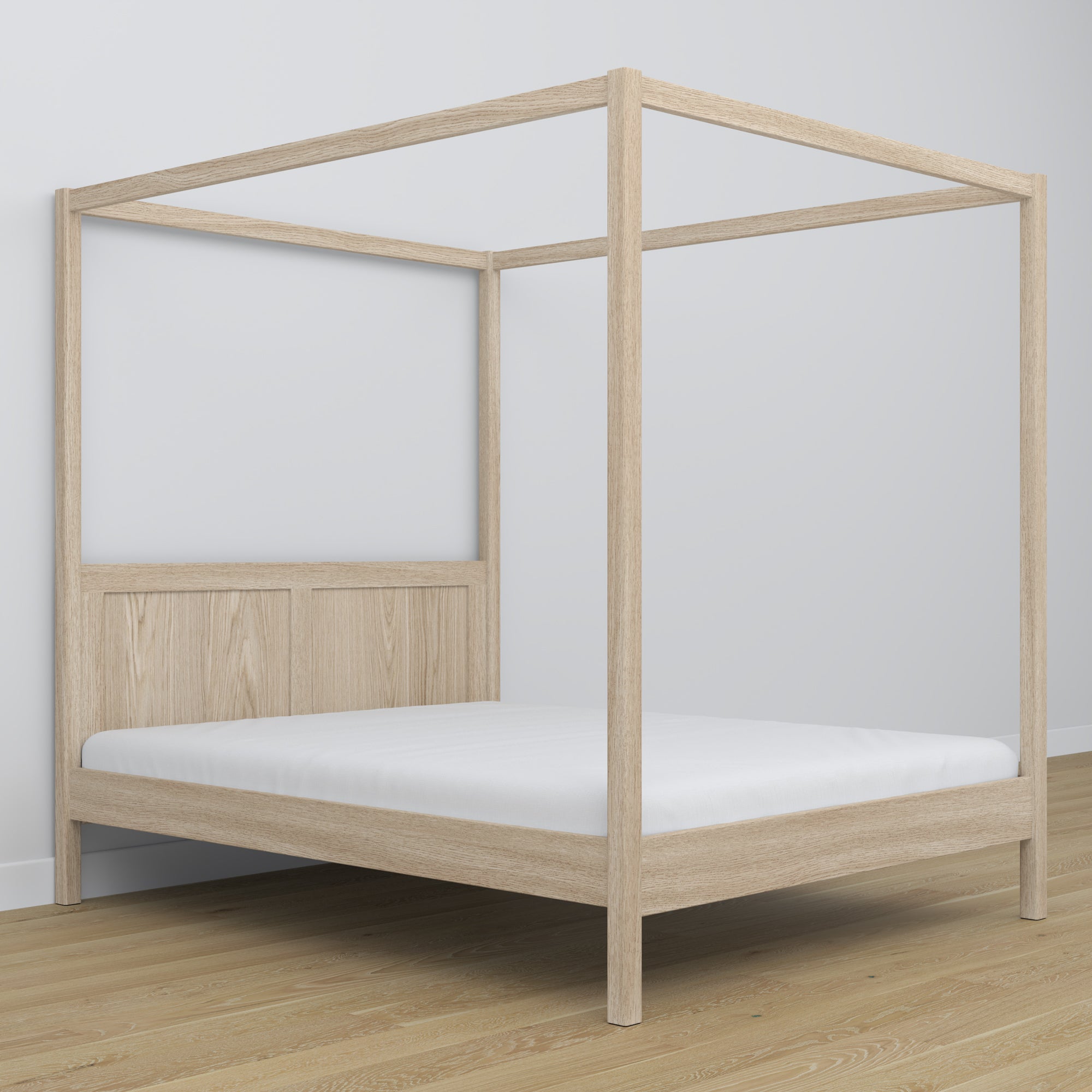 Double bed bleached oak with canopy – decorative oak frame, scandi
