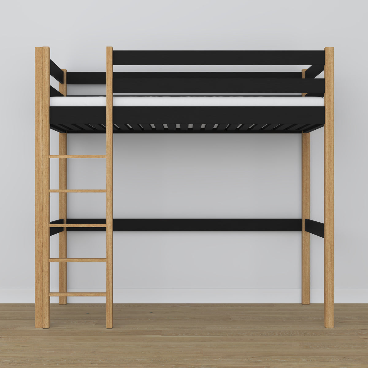 Hochbett aus Holz schwarz-eiche – Rahmen mit Latten, Seitenansicht