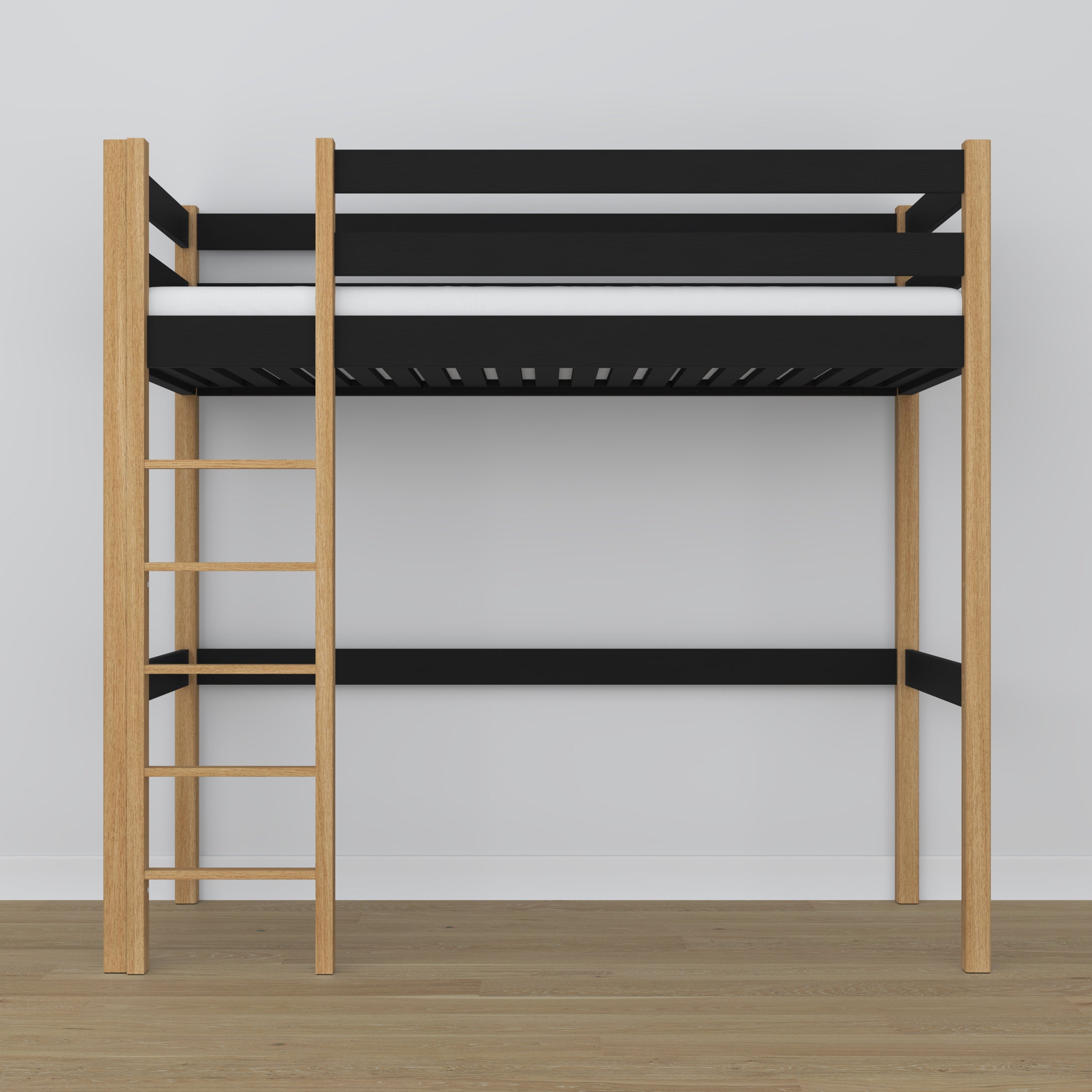 Hochbett aus Holz schwarz-eiche – Rahmen mit Latten, Seitenansicht