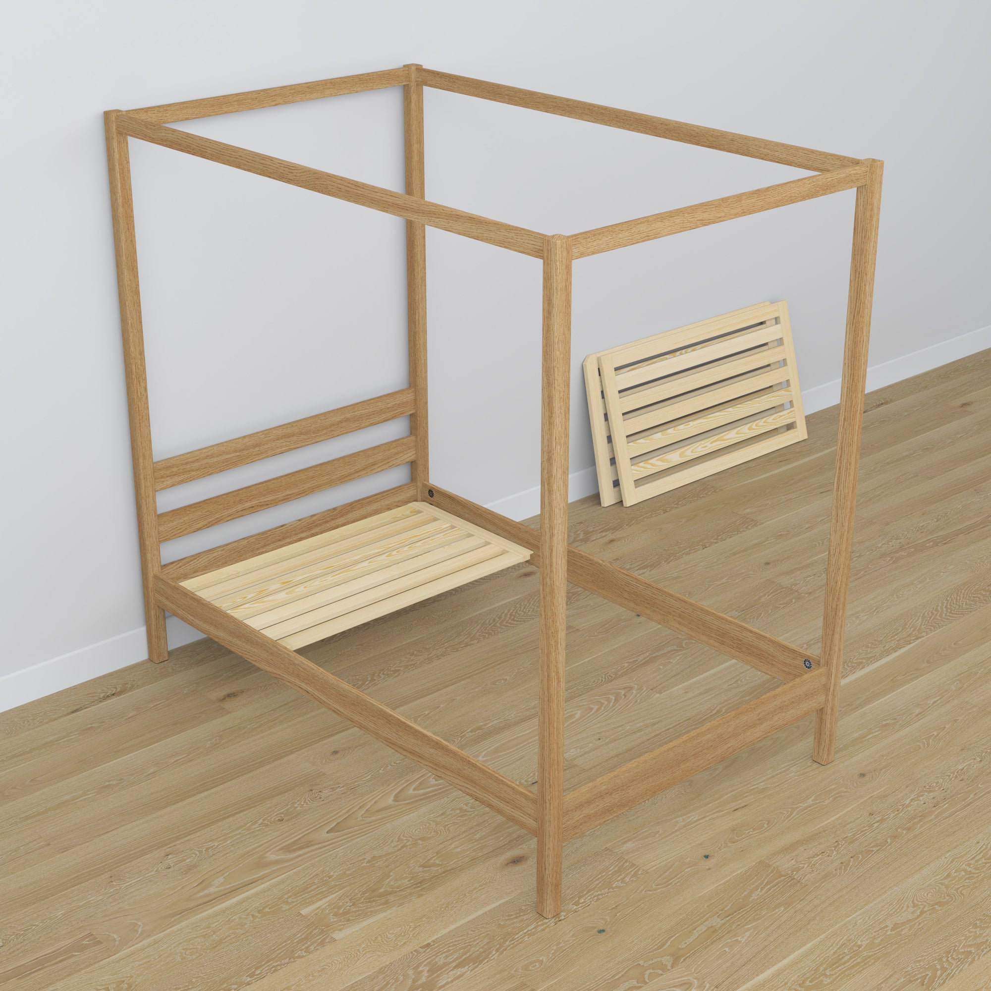 Natural oak canopy bed with drawer made of oak – dimensions, Nizio