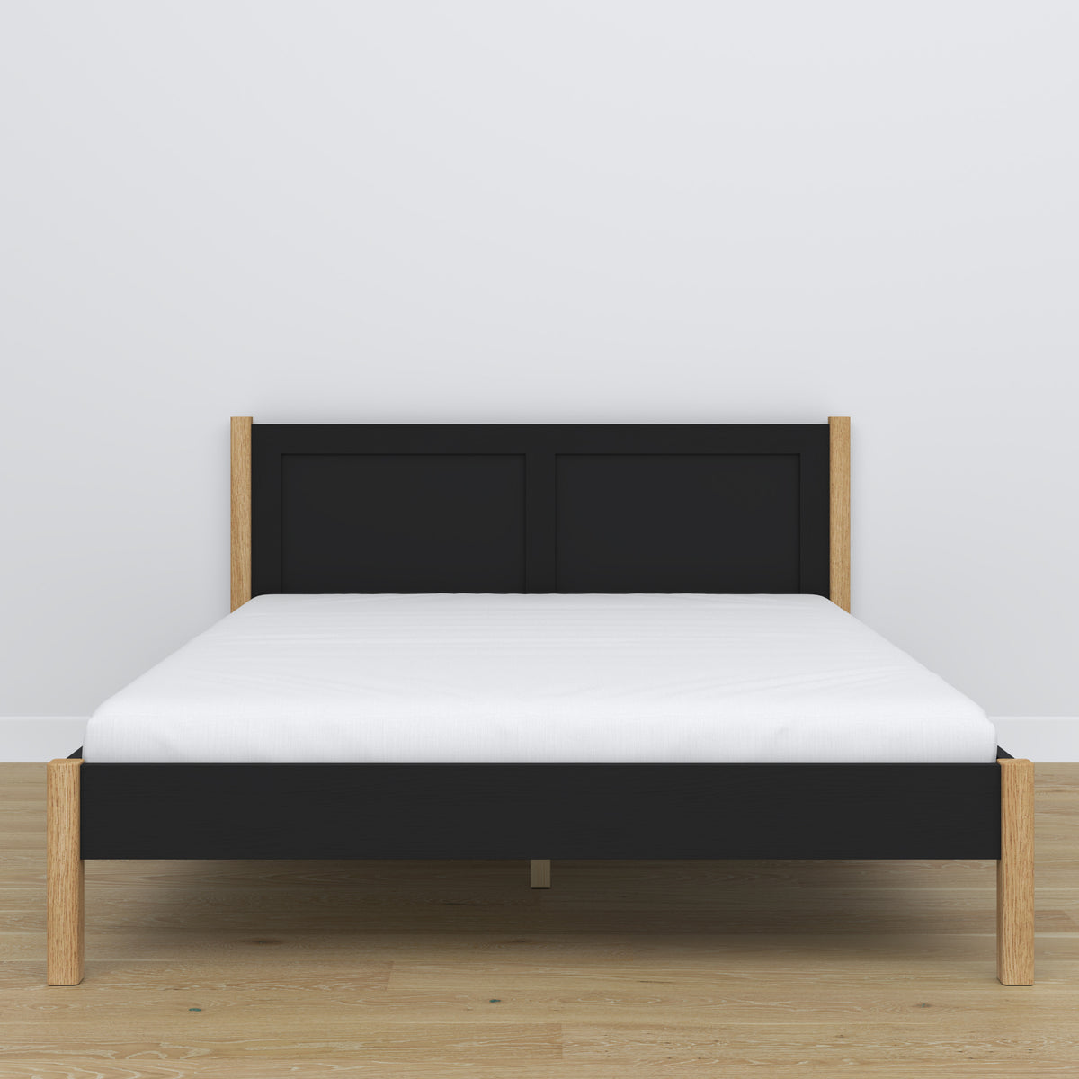 Doppelbett Holz Schwarz-Eiche – Seitenansicht, Proportionen und Form, Schlafzimmer