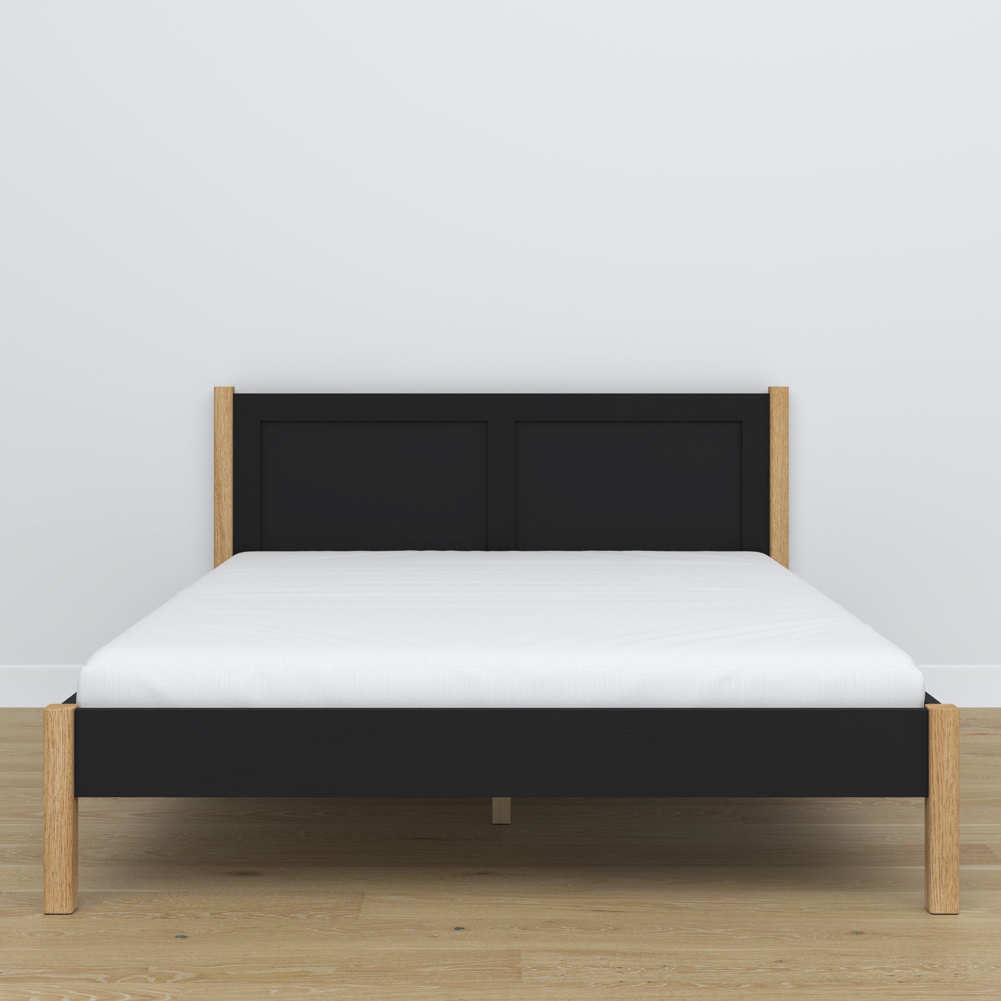 Doppelbett Holz Schwarz-Eiche – Seitenansicht, Proportionen und Form, Schlafzimmer