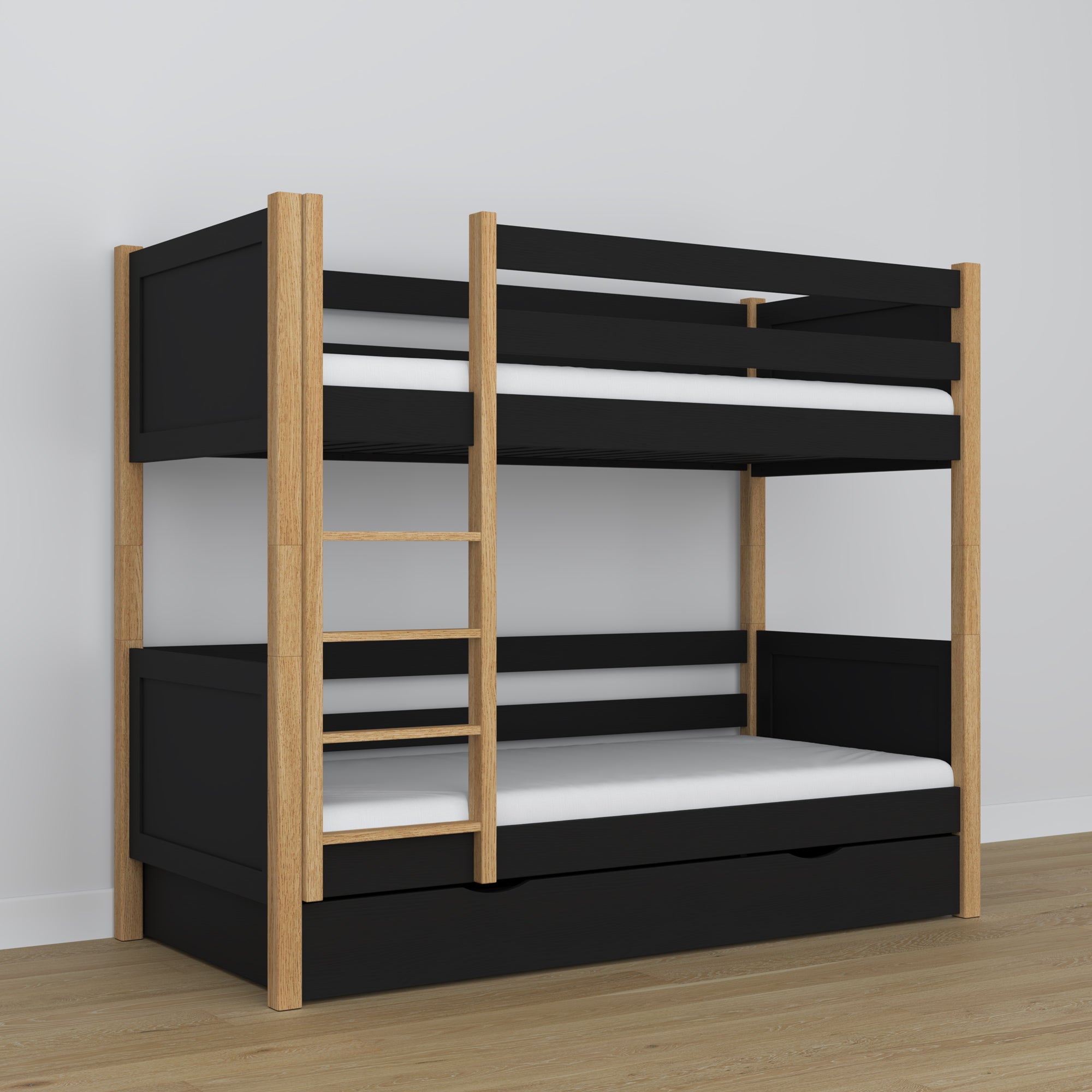 Holz-Etagenbett schwarz-eiche – Details der Verbindungen und Leiter, Kinderzimmer