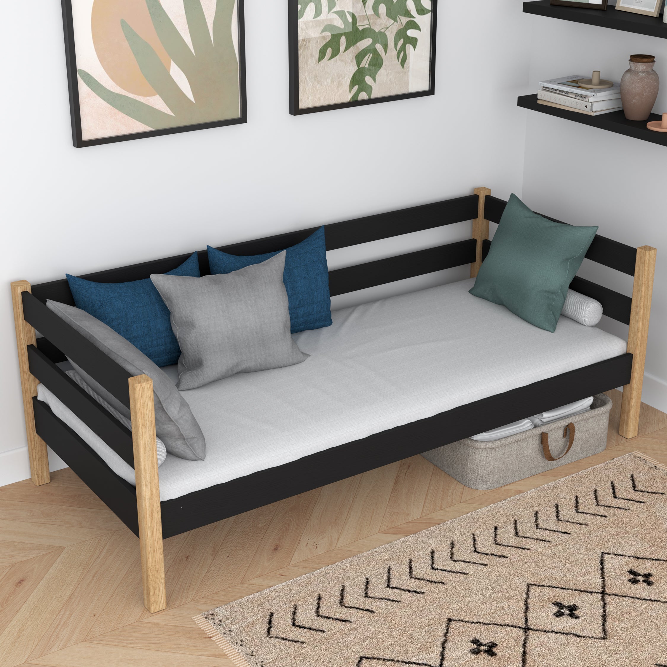 Bettsofa aus Holz Schwarz-Eiche – Seitenansicht, Form und Proportionen des Möbelstücks