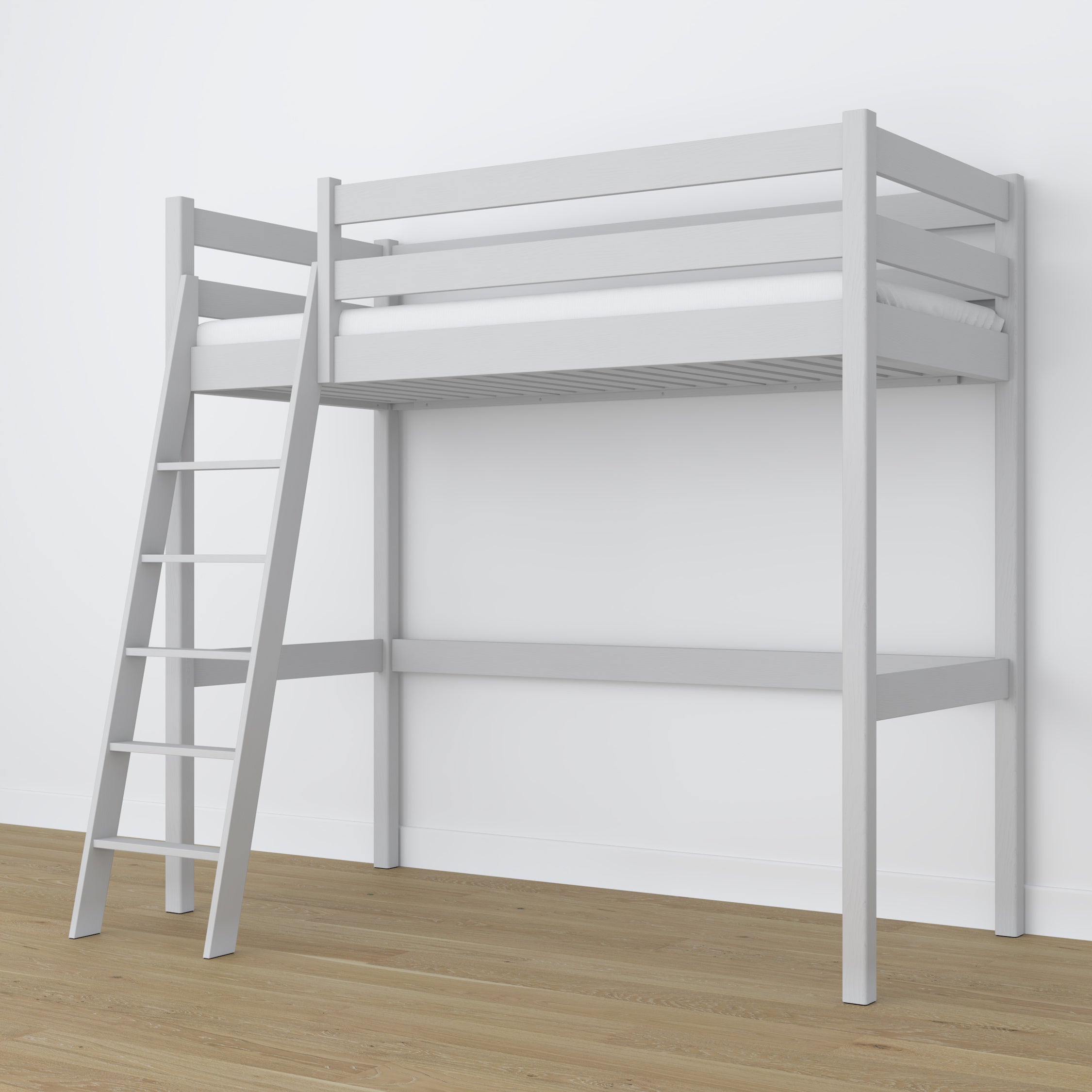 Loft bed grey wooden – top view of the sleeping area