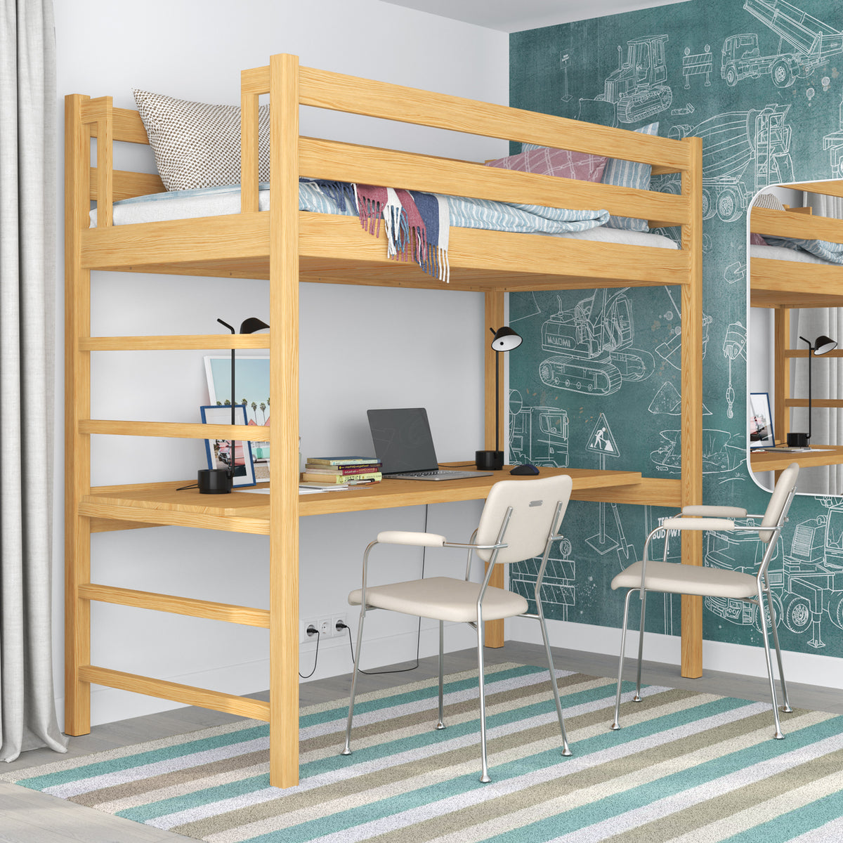 Hochbett mit Schreibtisch aus Holz Kiefer natur – Leiter und Schutzgeländer