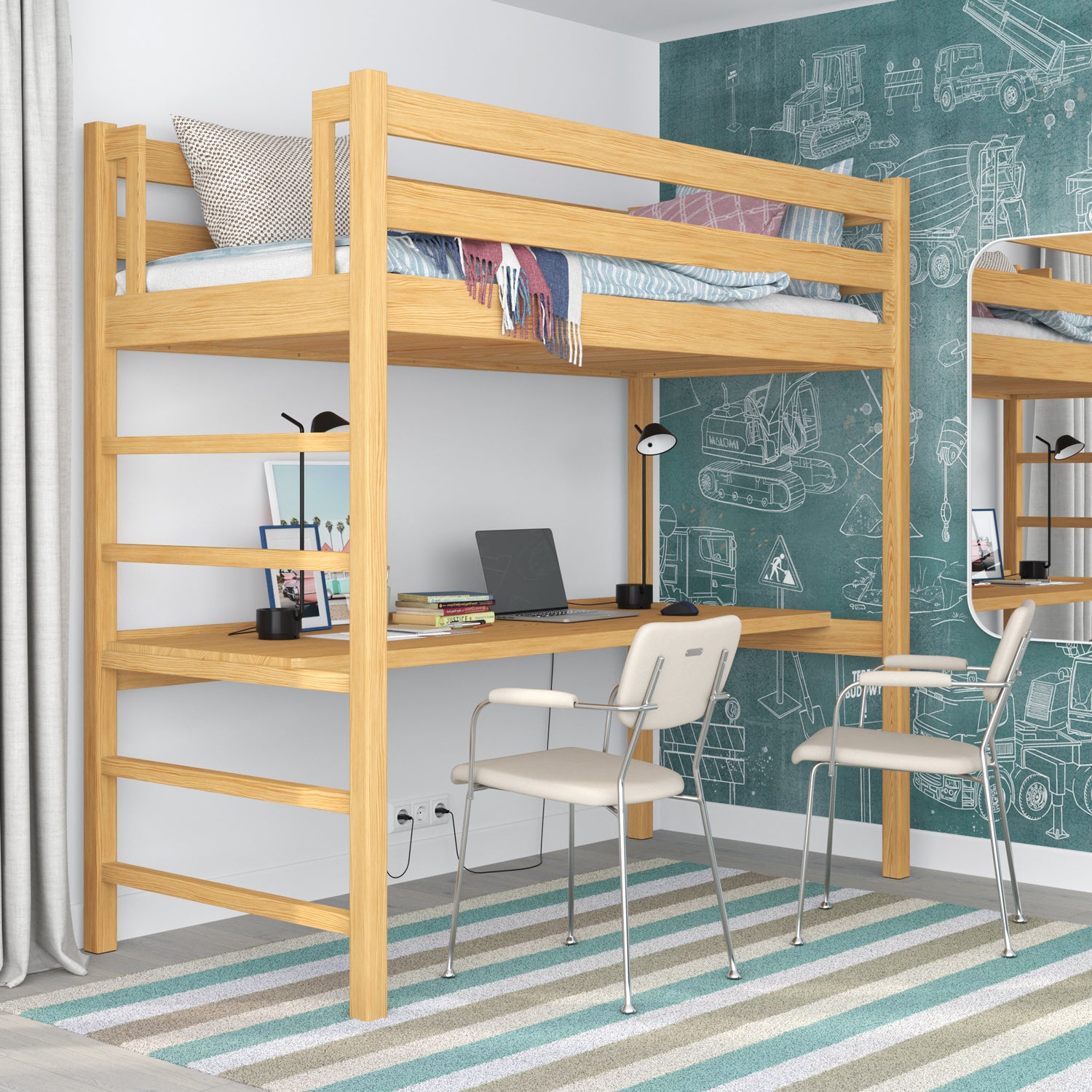 Hochbett mit Schreibtisch aus Holz Kiefer natur – Leiter und Schutzgeländer