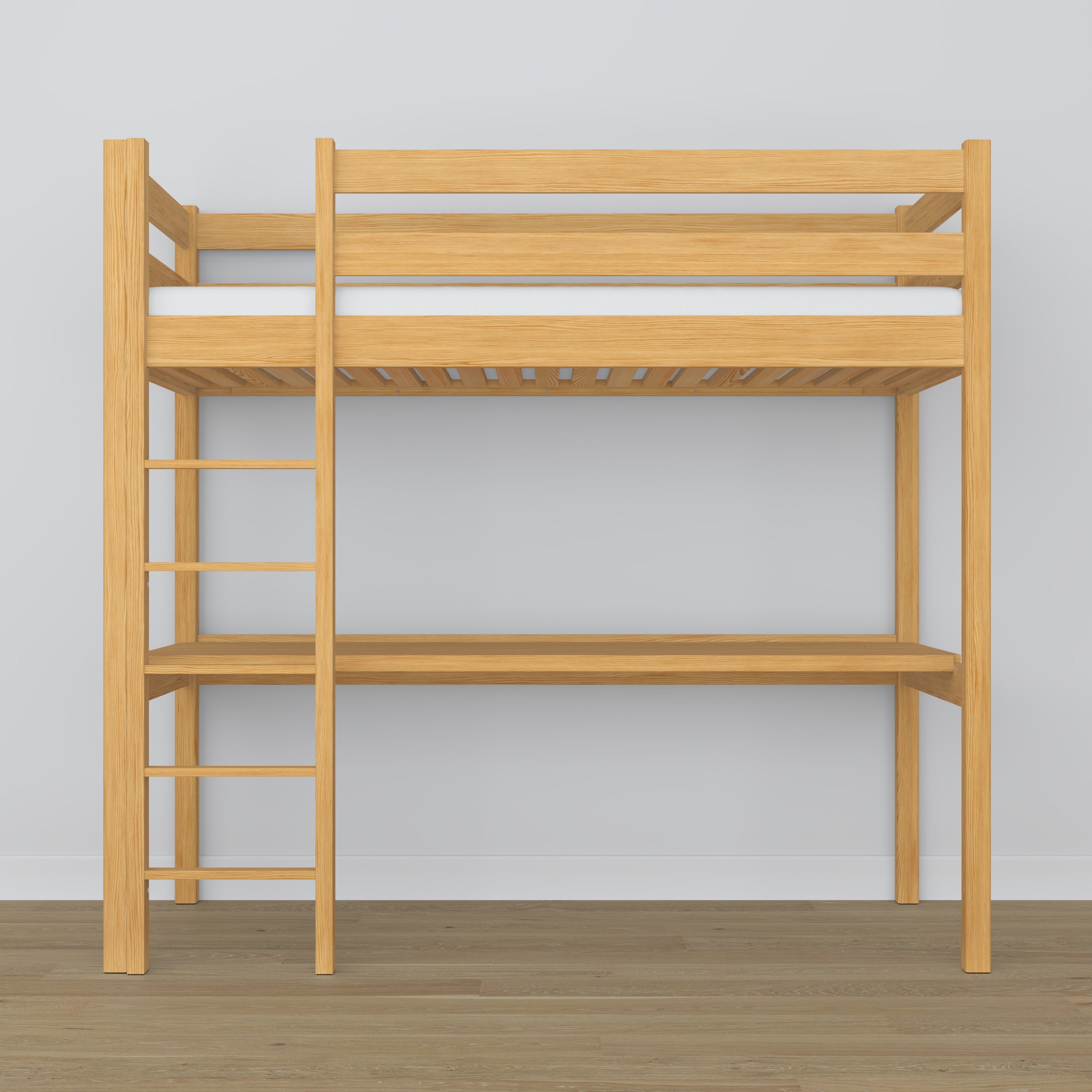 Loft bed natural pine with desk – study space under the sleeping area, wooden