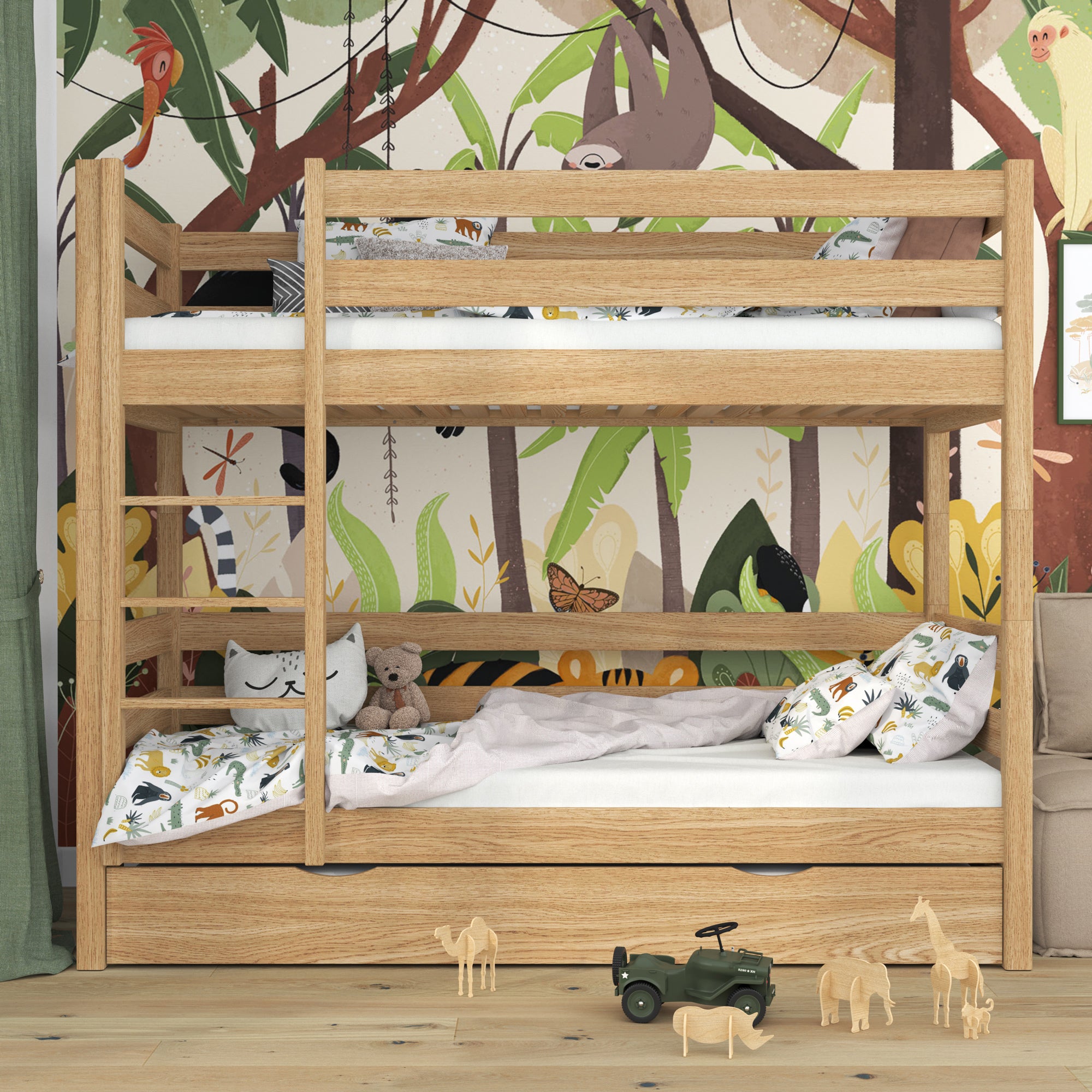 Lit superposé chêne naturel z tiroir na matelas – barrière, en chêne, Nizio Home