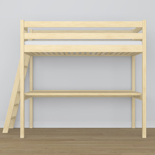 Loft bed clear pine with desk – study space under the sleeping area, wooden