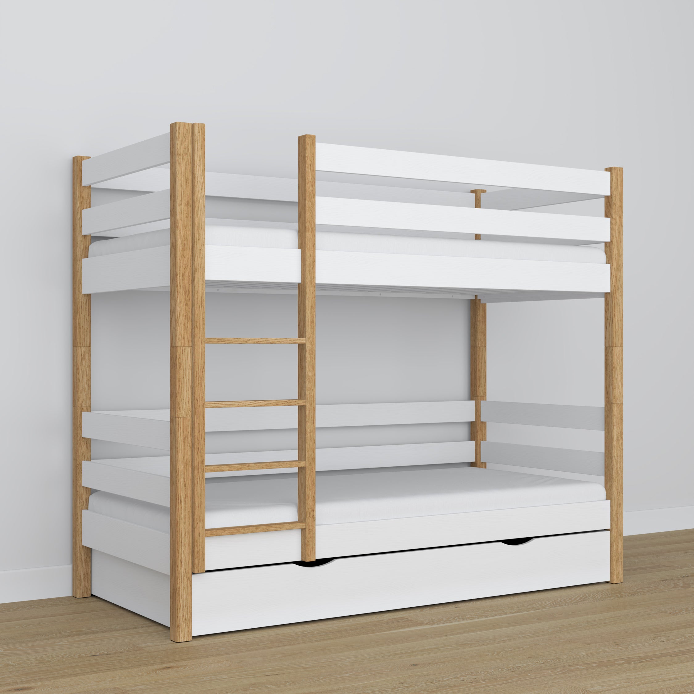 White and Oak Wooden Bunk Bed – Ladder and Joint Details, Children’s Room