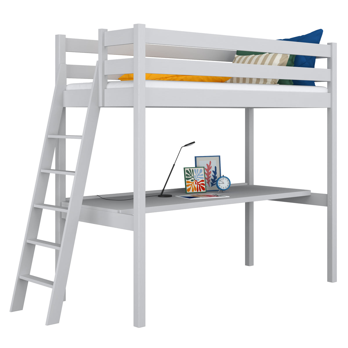 Hochbett mit Schreibtisch aus Holz grau – Kinderzimmer, scandi Nizio