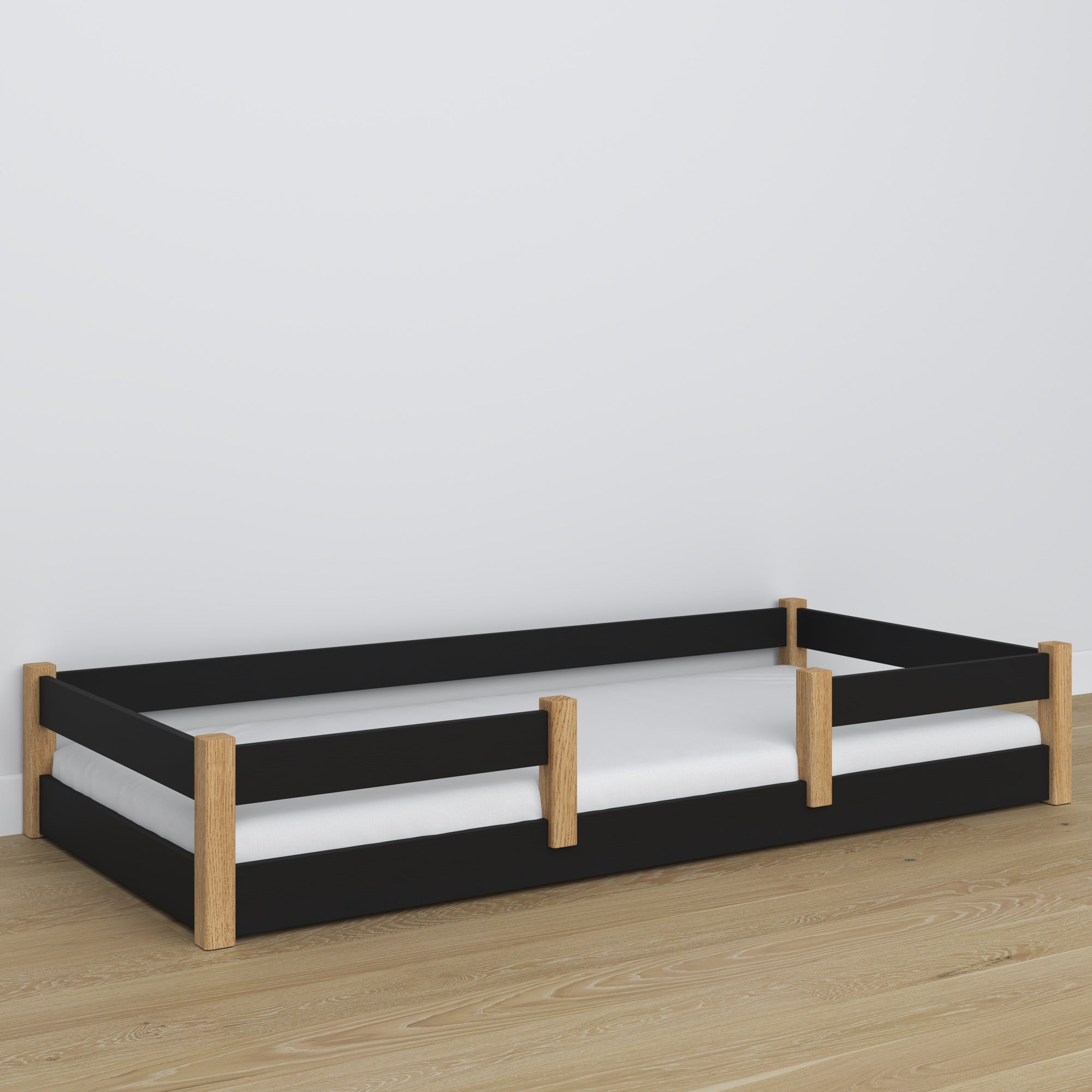 Niedriges Holzbett Schwarz-Eiche – Verbindungsdetails, Nizio Home