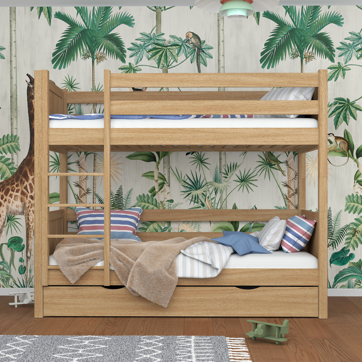 Oak Bunk Bed Natural Oak – Open Drawer, Spacious Storage Under the Bed