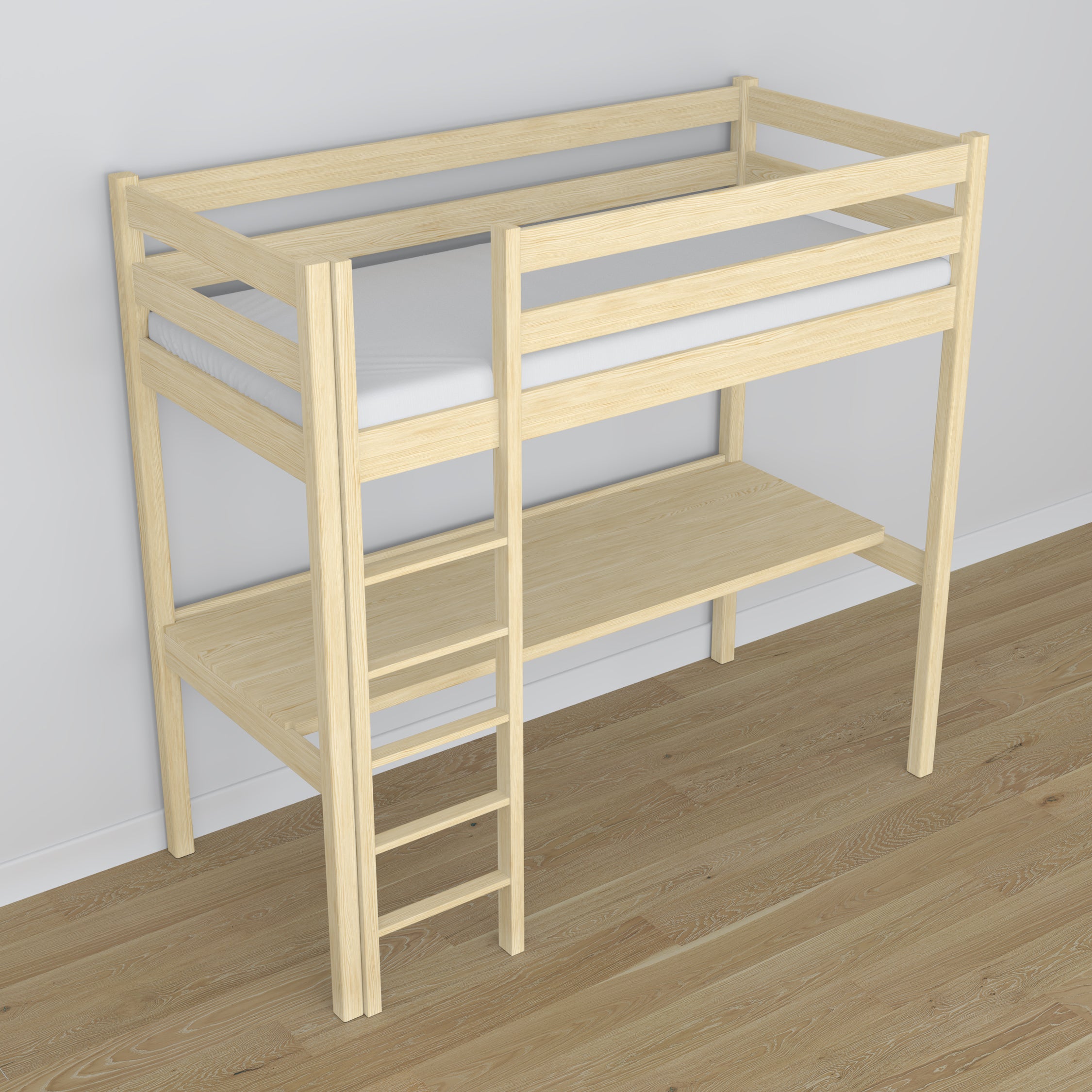 Loft bed clear pine wooden – top view of the sleeping area, Nizio