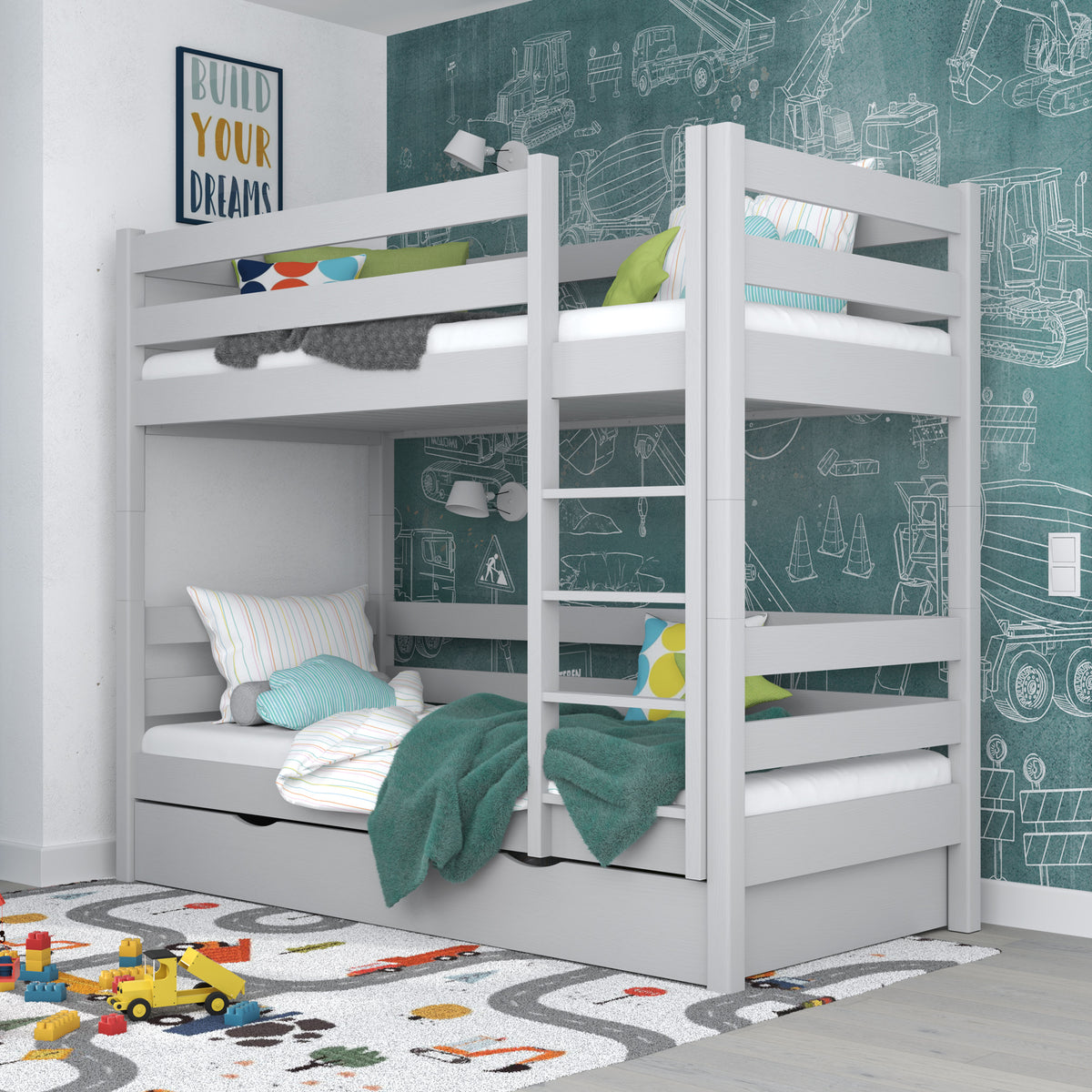 Lit superposé en bois gris – tiroir ouvert, rangement sous le lit