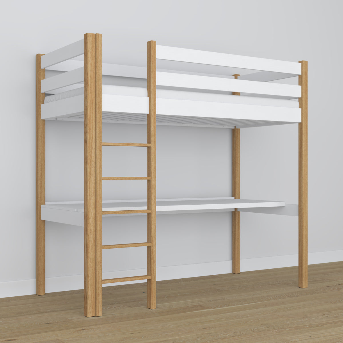 White and Oak Wooden Loft Bed with Desk – Ladder and Safety Rail