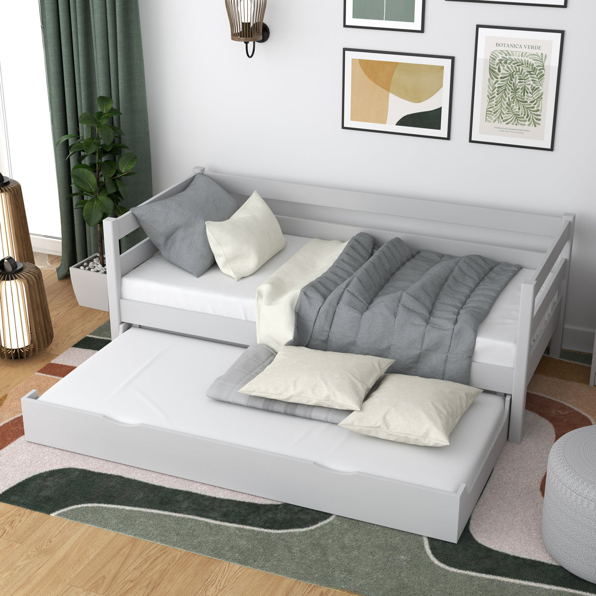 Bettsofa aus Holz Grau – herausgezogene Matratzenlade, für Gäste
