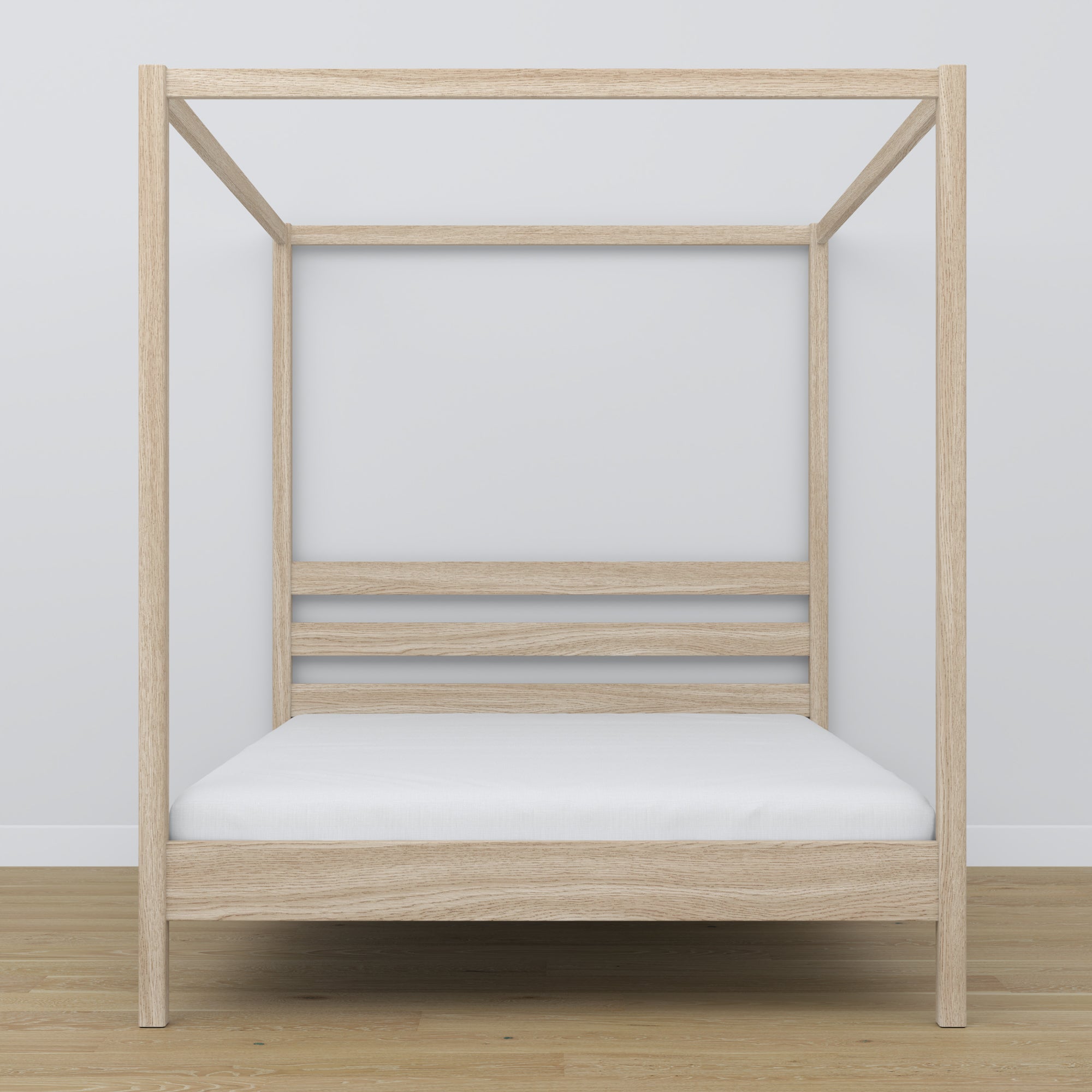 Oak double bed with canopy bleached oak – headboard and frame, close-up