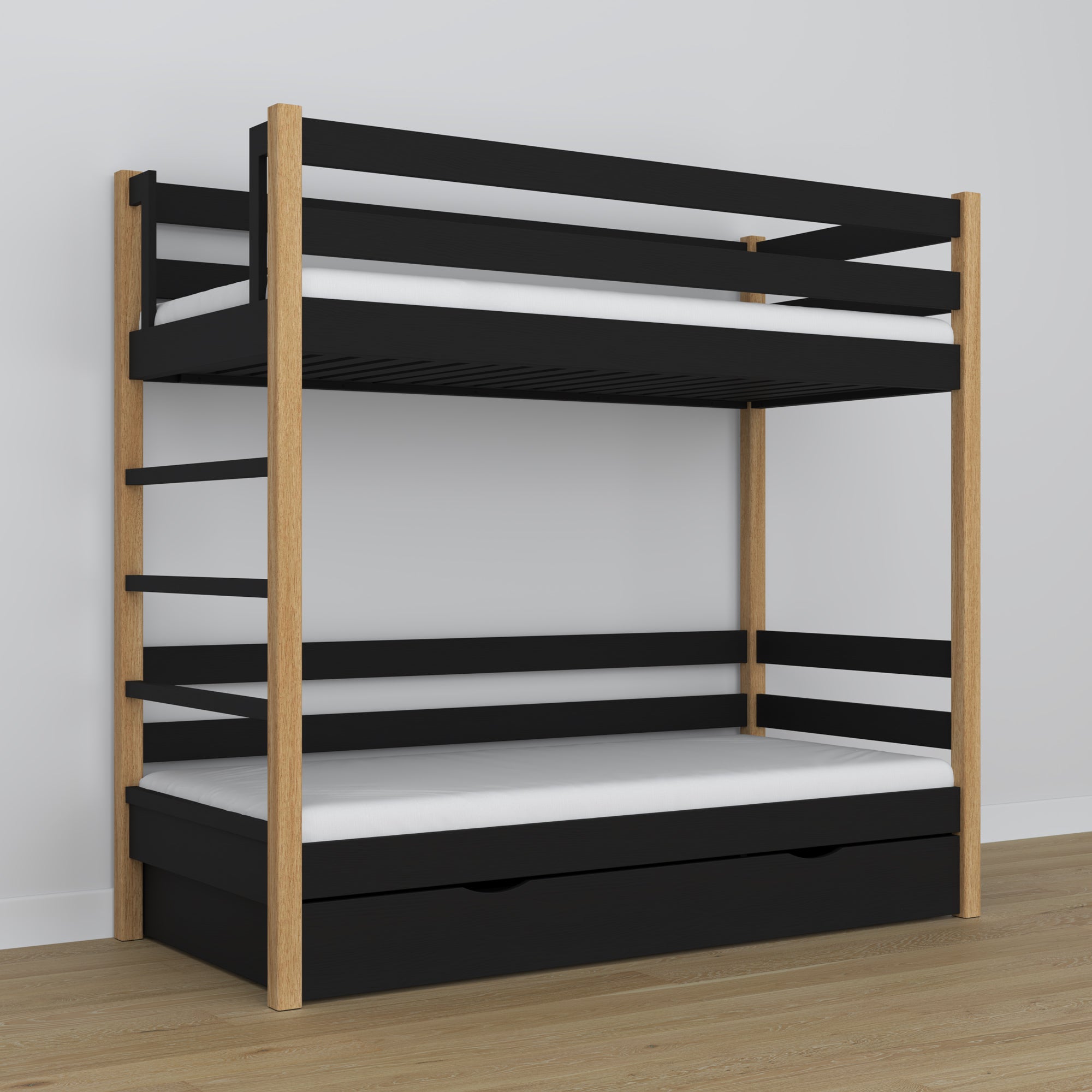 Lit superposé avec tiroir noir-chêne en bois – design scandinave, Nizio