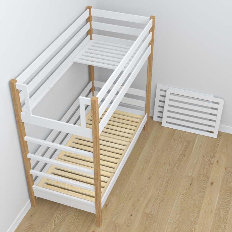 White and Oak Wooden Bunk Bed with Mattress Drawer – Room Arrangement