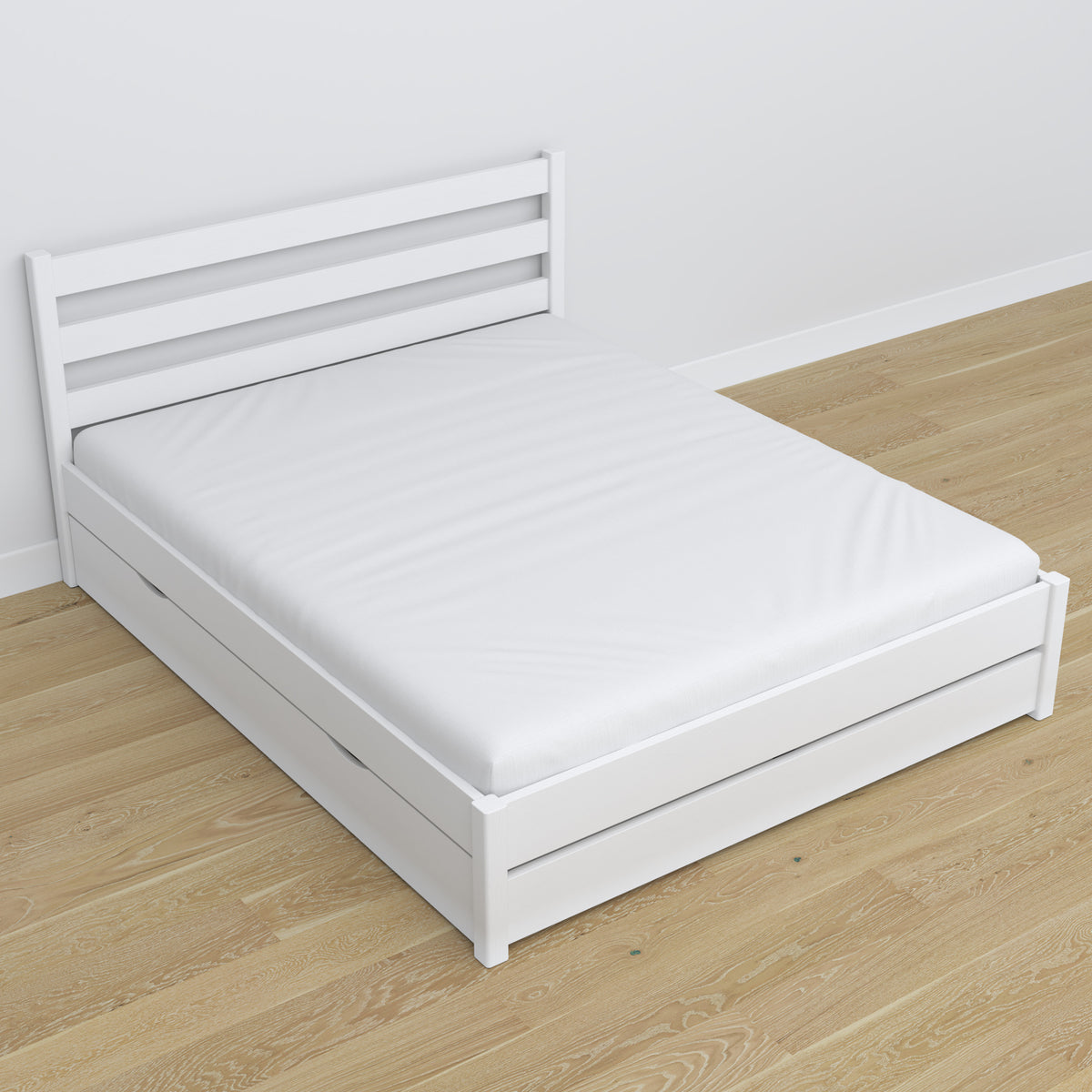 Lit double blanc – pieds et base en bois, gros plan
