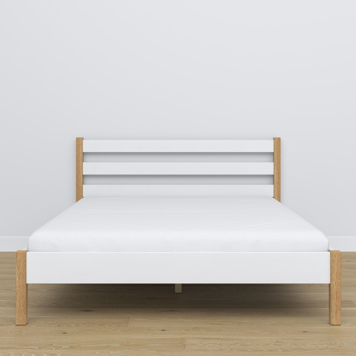 Doppelbett Holz Weiß-Eiche – Seitenansicht, Proportionen und Form, Schlafzimmer
