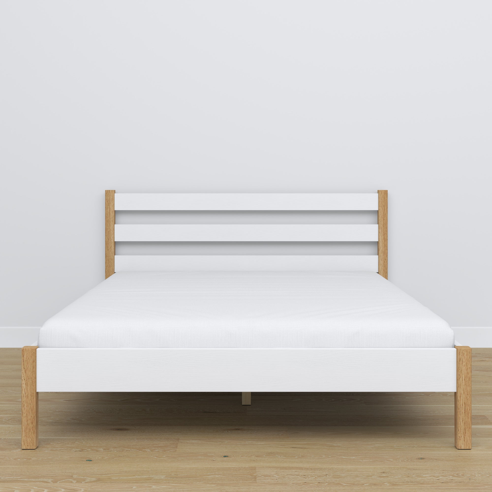 Doppelbett Holz Weiß-Eiche – Seitenansicht, Proportionen und Form, Schlafzimmer