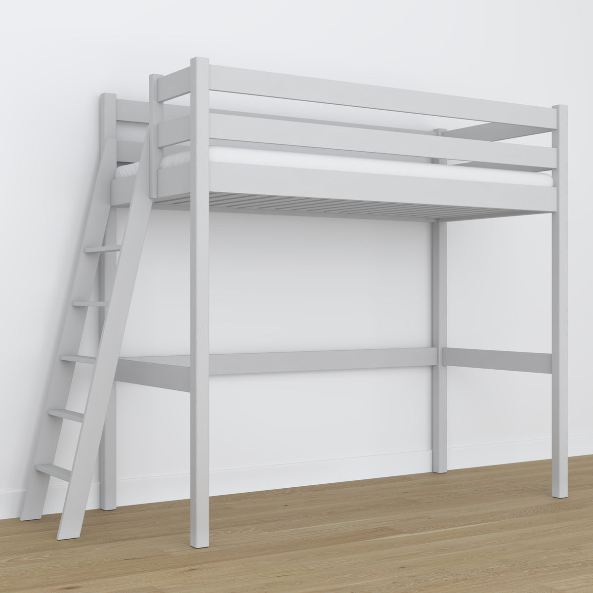 Hochbett aus Holz grau – freier Raum unter dem Schlafbereich, Nizio
