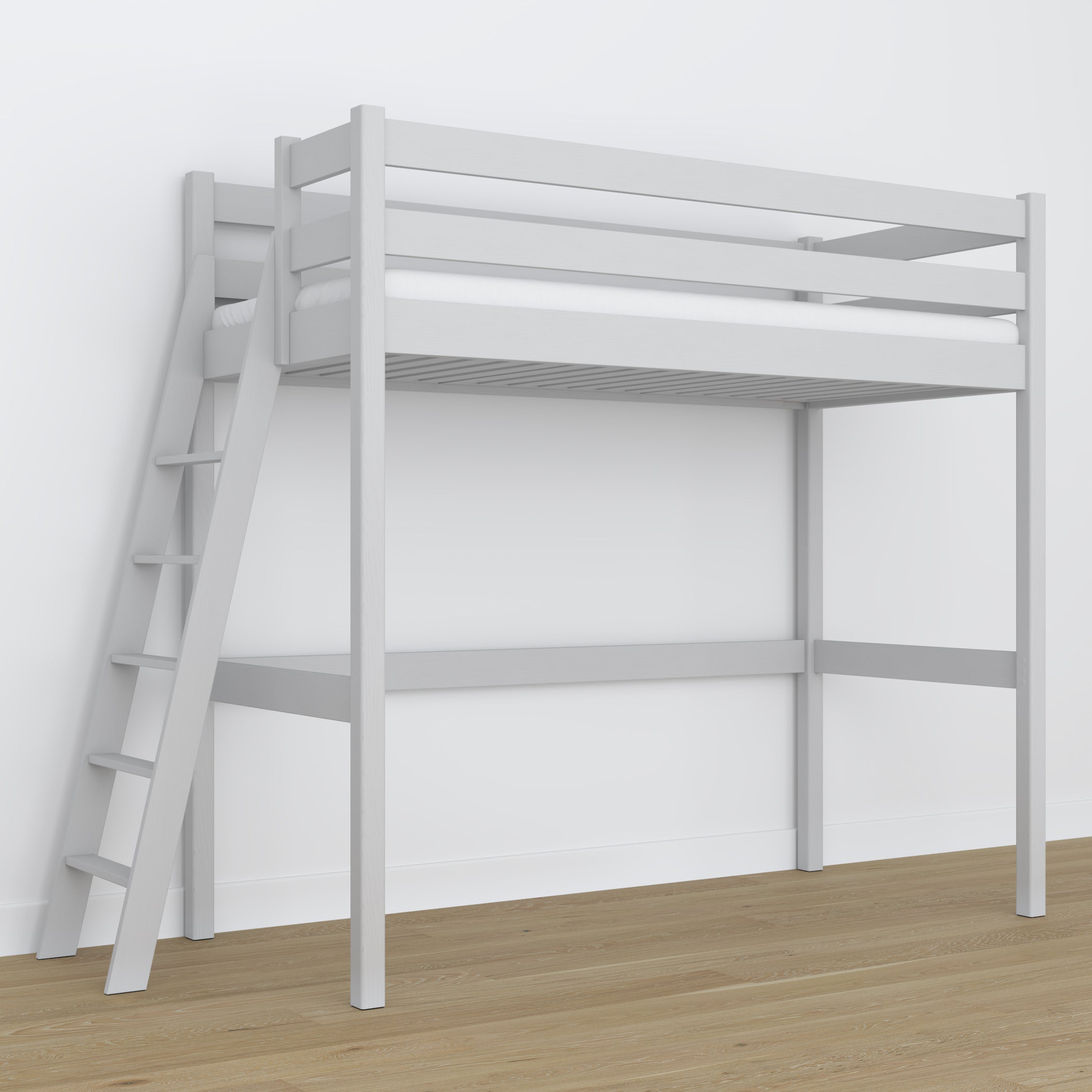 Hochbett aus Holz grau – freier Raum unter dem Schlafbereich, Nizio