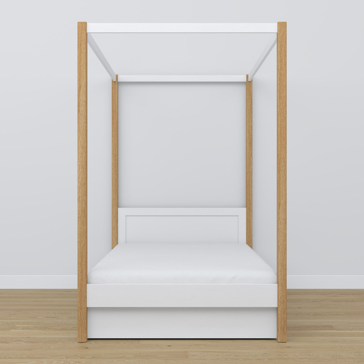 Bed white/oak canopy bed – open drawer, wooden, Nizio Home