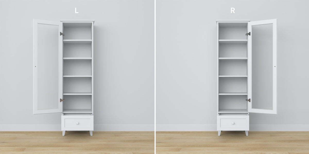 Vitrine 1S 57 blanc – charnières des portes vitrées, en bois, gros plan