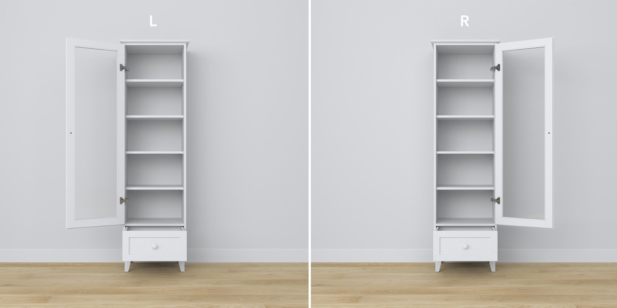 Vitrine 1S 57 blanc – charnières des portes vitrées, en bois, gros plan