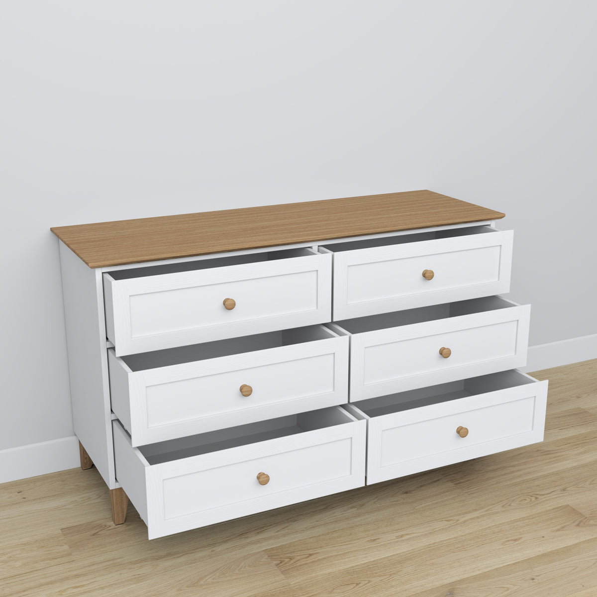 Commode 6S en bois blanc avec chêne – szuflady otwarte, pojemne l'intérieur rangements