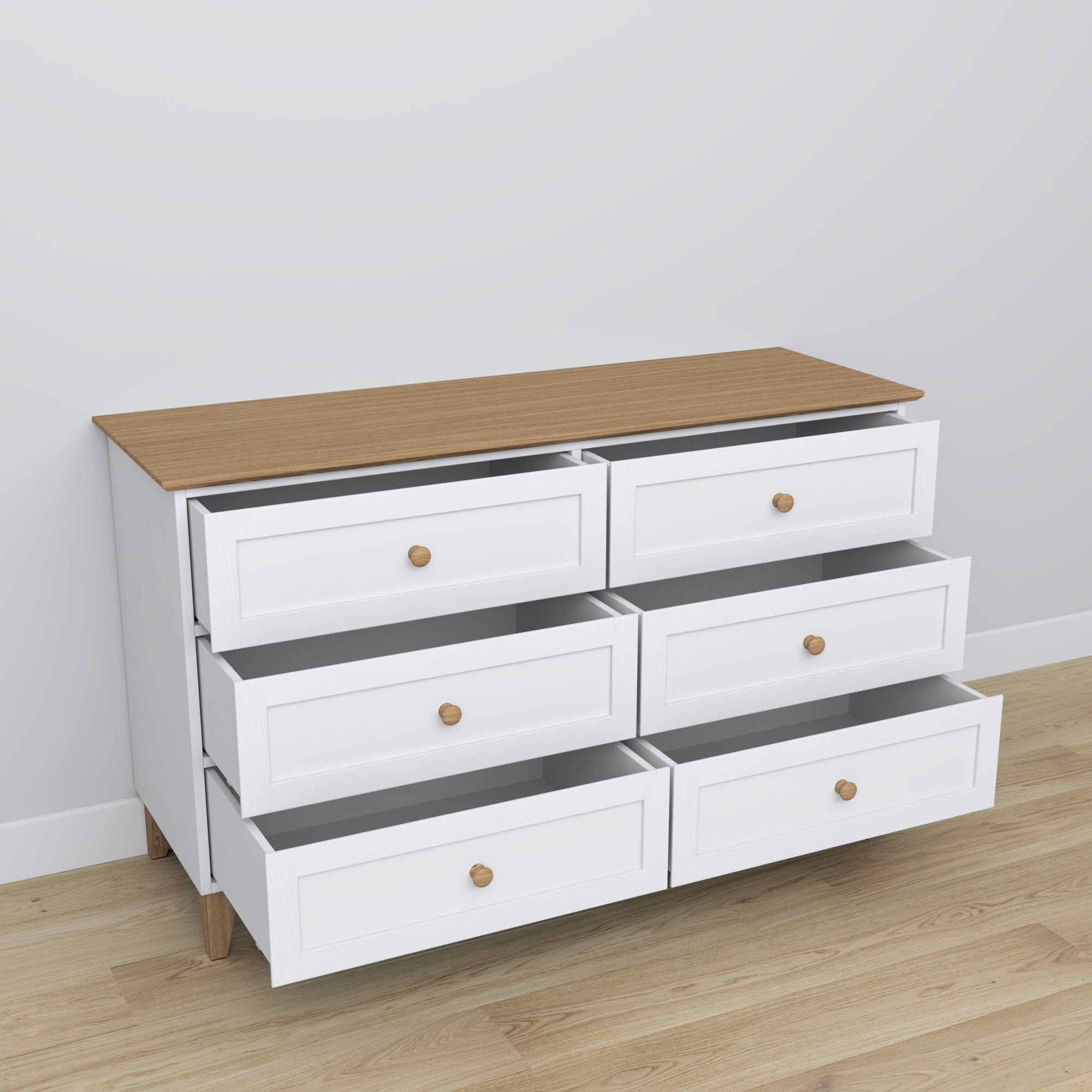 Commode 6S en bois blanc avec chêne – szuflady otwarte, pojemne l'intérieur rangements