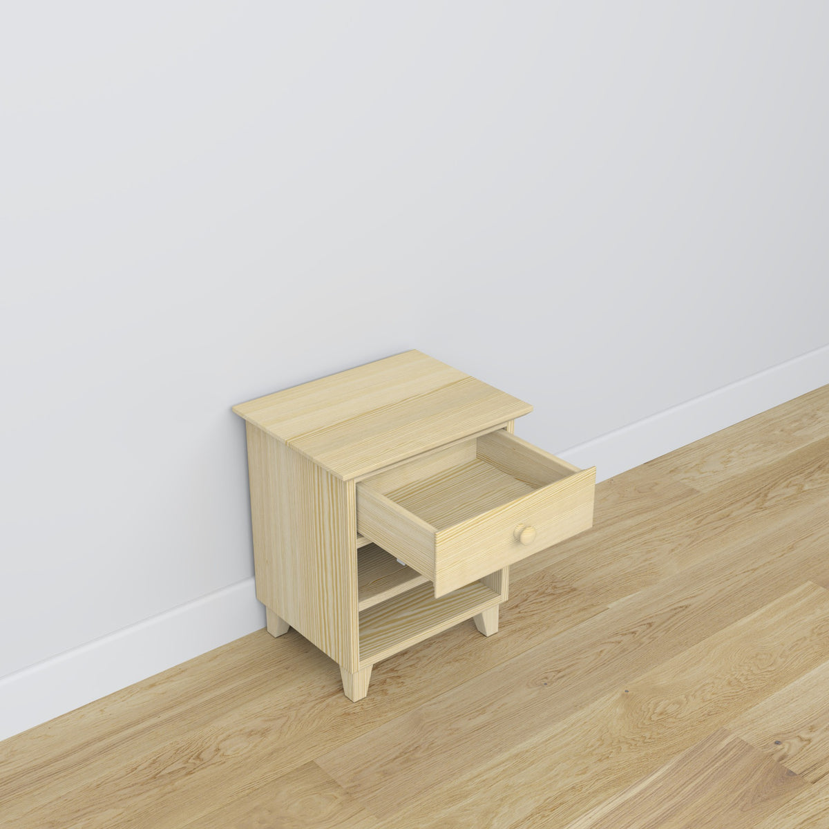Bedside table N02 pine clear pine – open drawer, bedside storage compartment