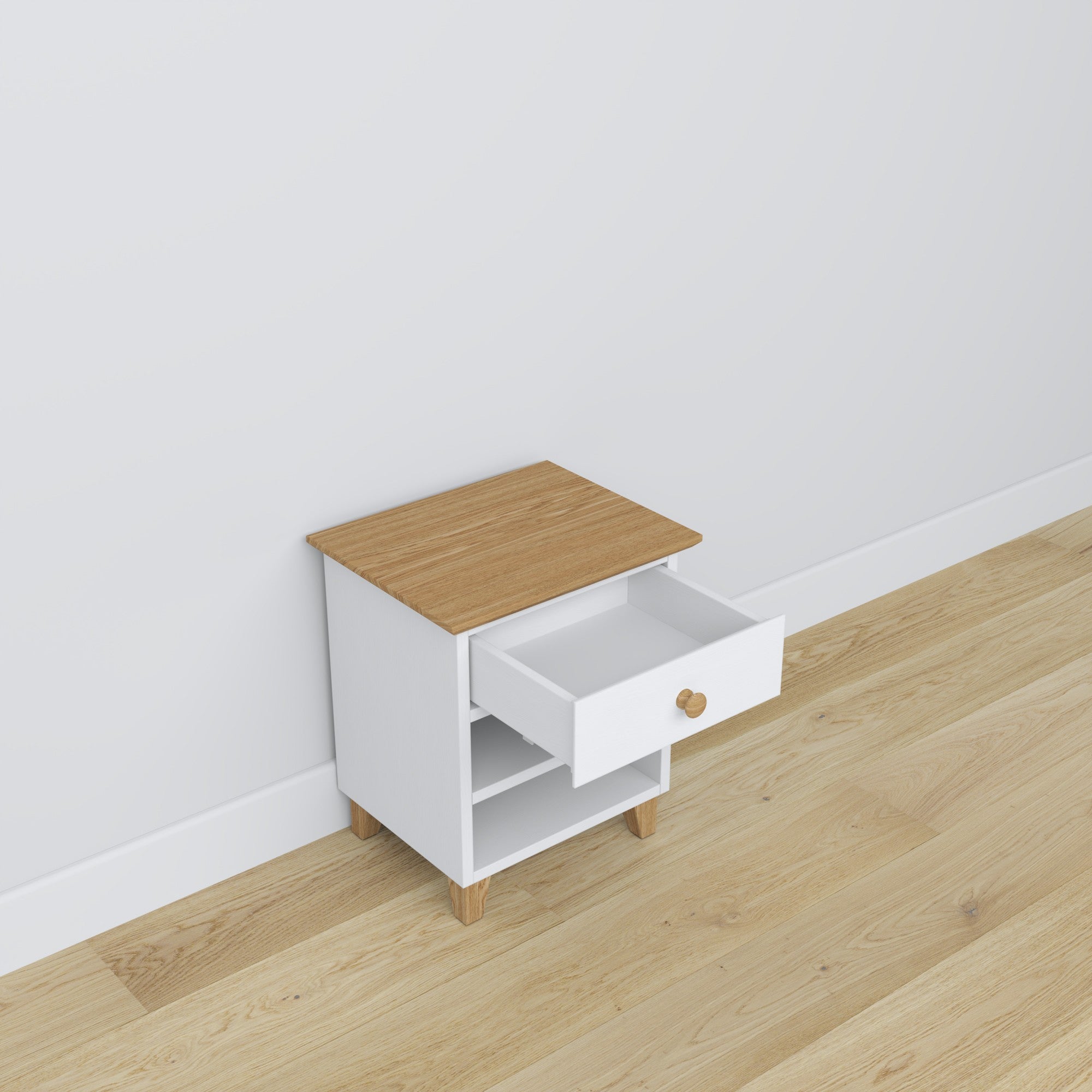 Bedside table N02 wooden white with oak – open drawer, bedside storage compartment