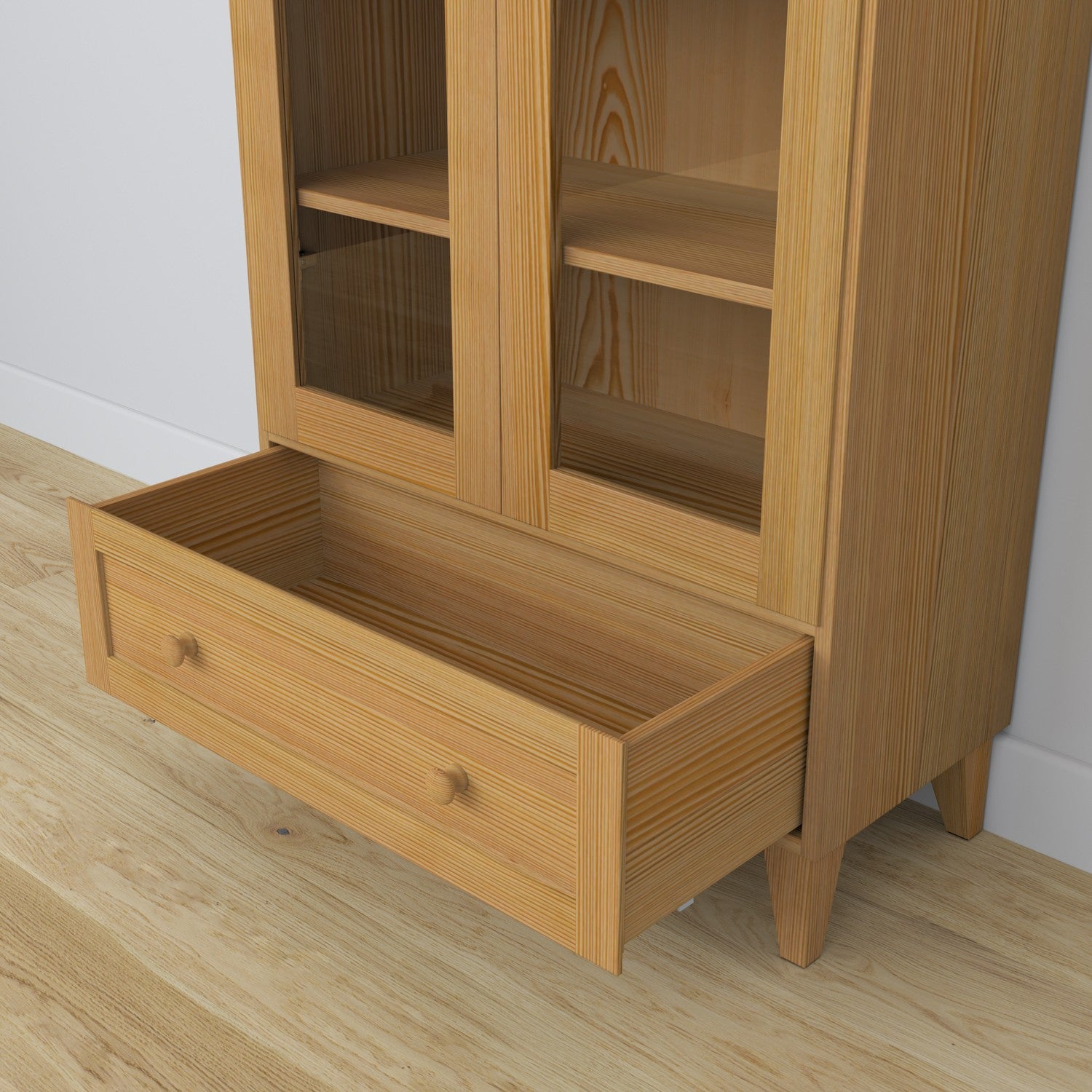 Vitrine 1S en pin pin naturel – portes ouvertes, étagères i tiroir l'intérieur